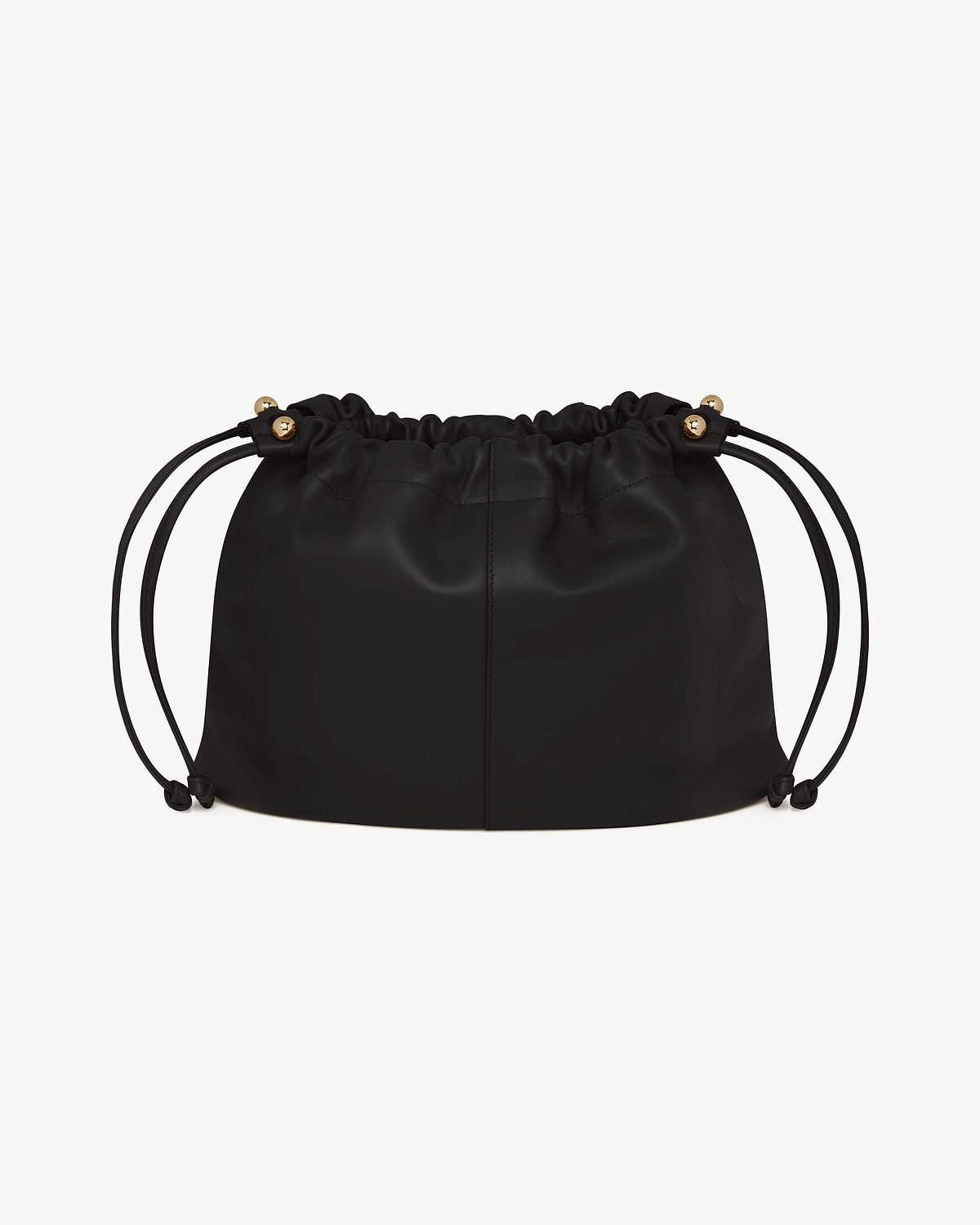 Black drawstring pouch bag with gathered top, twin side cords and gold-tone beads.