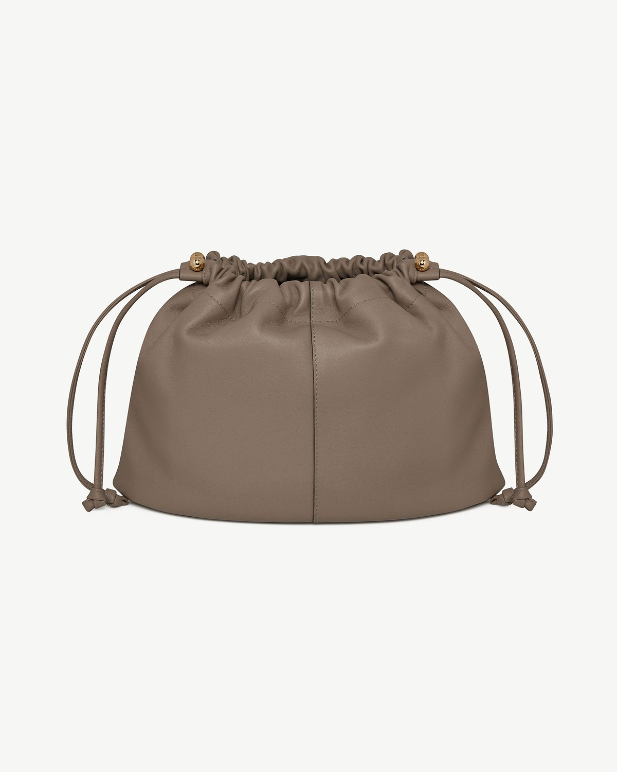 Taupe drawstring leather bag with gold bead accents, front view on white background.