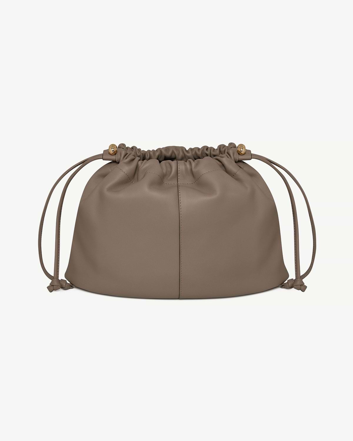 Taupe drawstring leather bag with gold bead accents, front view on white background.