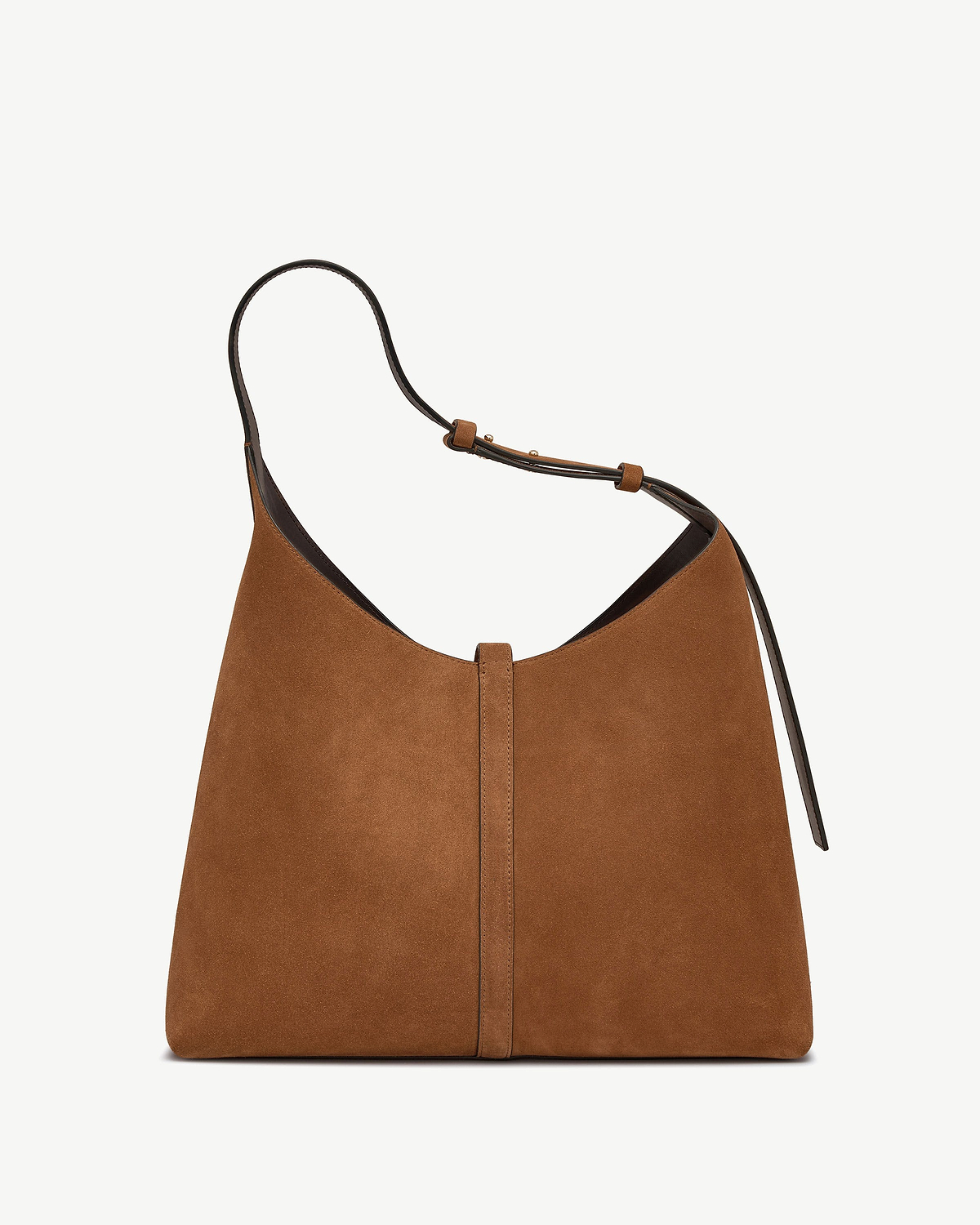 Tan suede hobo bag with central seam and thin adjustable leather shoulder strap.