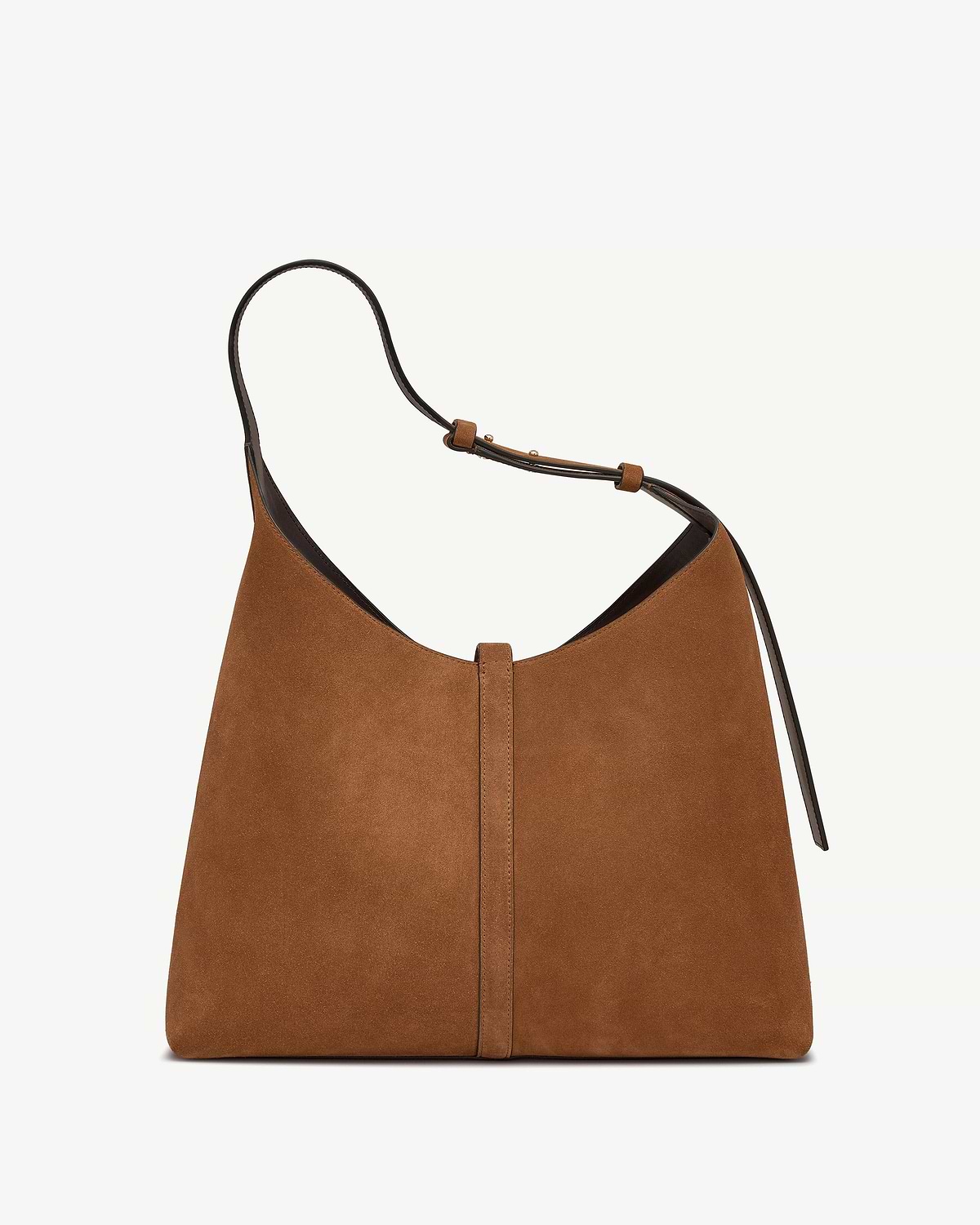 Tan suede hobo bag with central seam and thin adjustable leather shoulder strap.