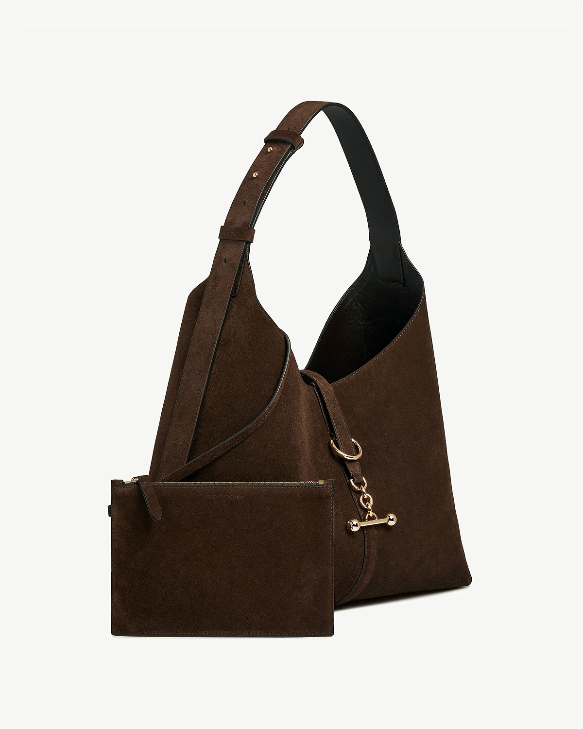 Chocolate suede hobo bag with adjustable strap, detachable pouch and gold hardware