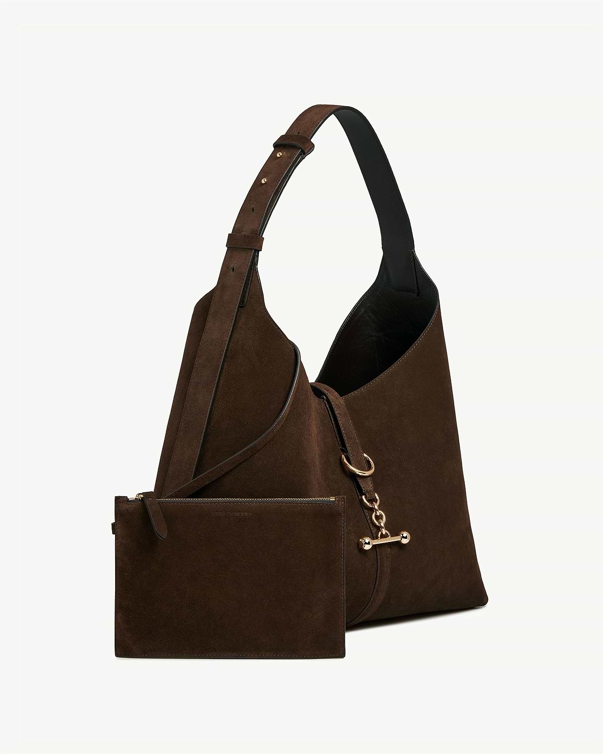 Chocolate suede hobo bag with adjustable strap, detachable pouch and gold hardware