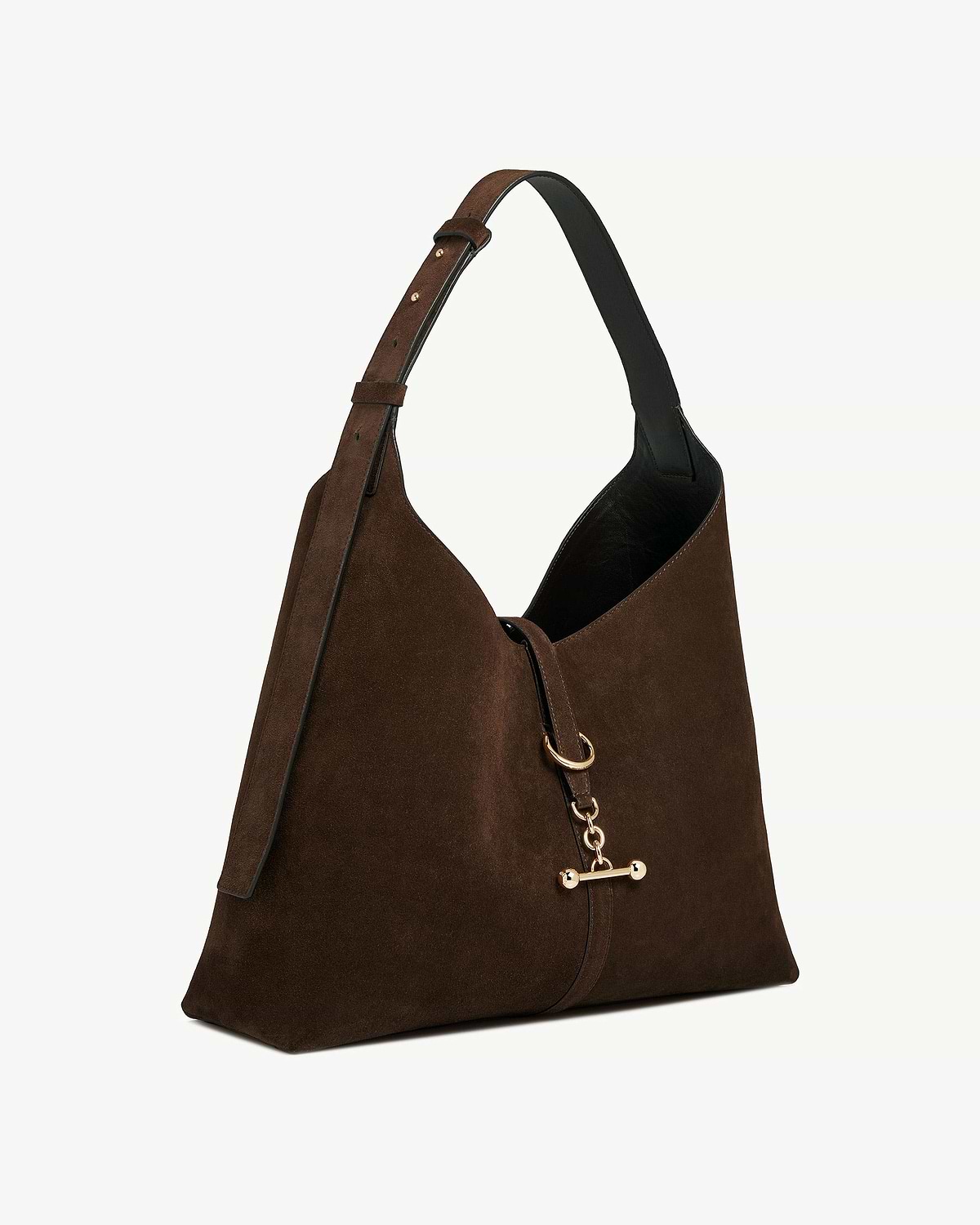 Chocolate suede hobo bag with single shoulder strap and gold hardware.