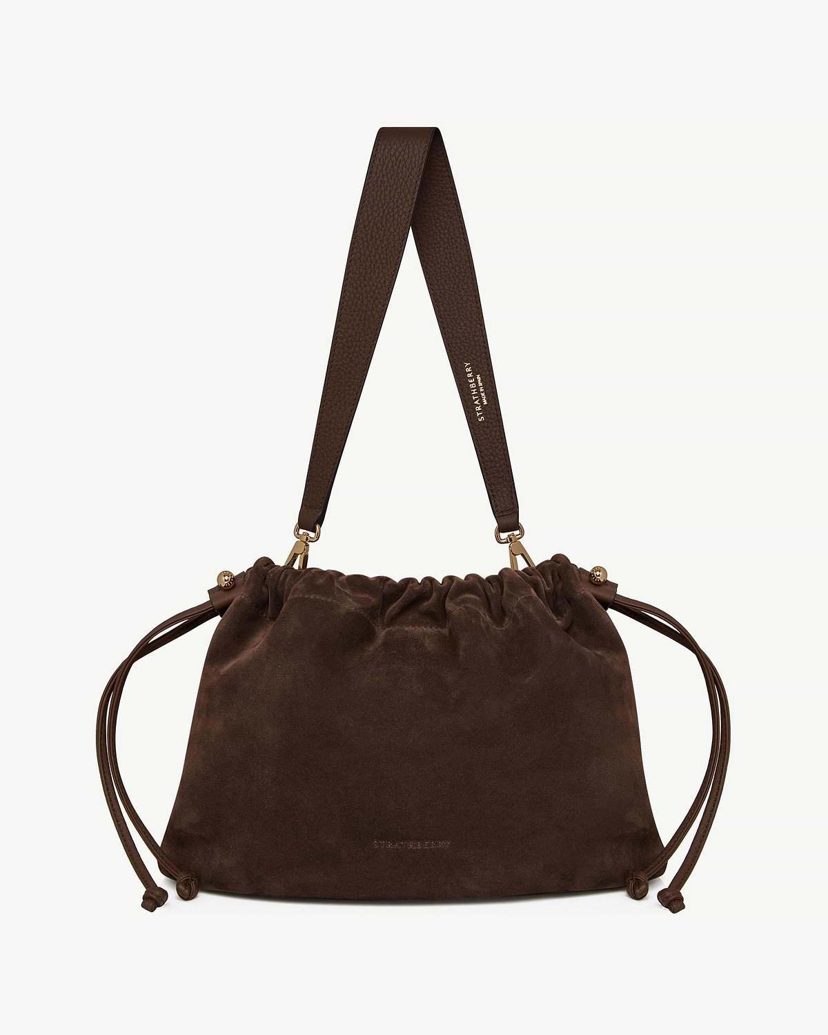Chocolate suede Charlotte midi drawstring bag with wide shoulder strap and Strathberry logo