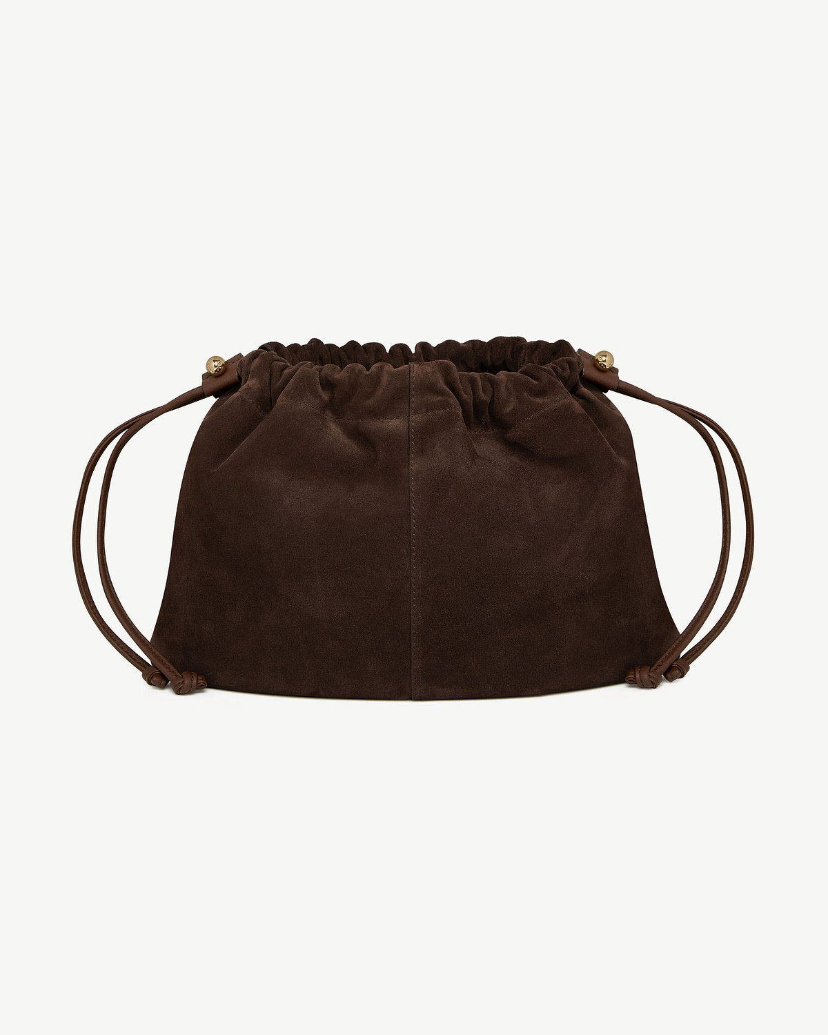 Chocolate suede drawstring bag with rounded base and gold-tone cord toggles