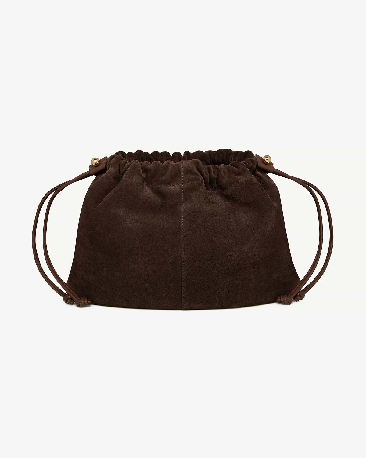 Chocolate suede drawstring bag with rounded base and gold-tone cord toggles