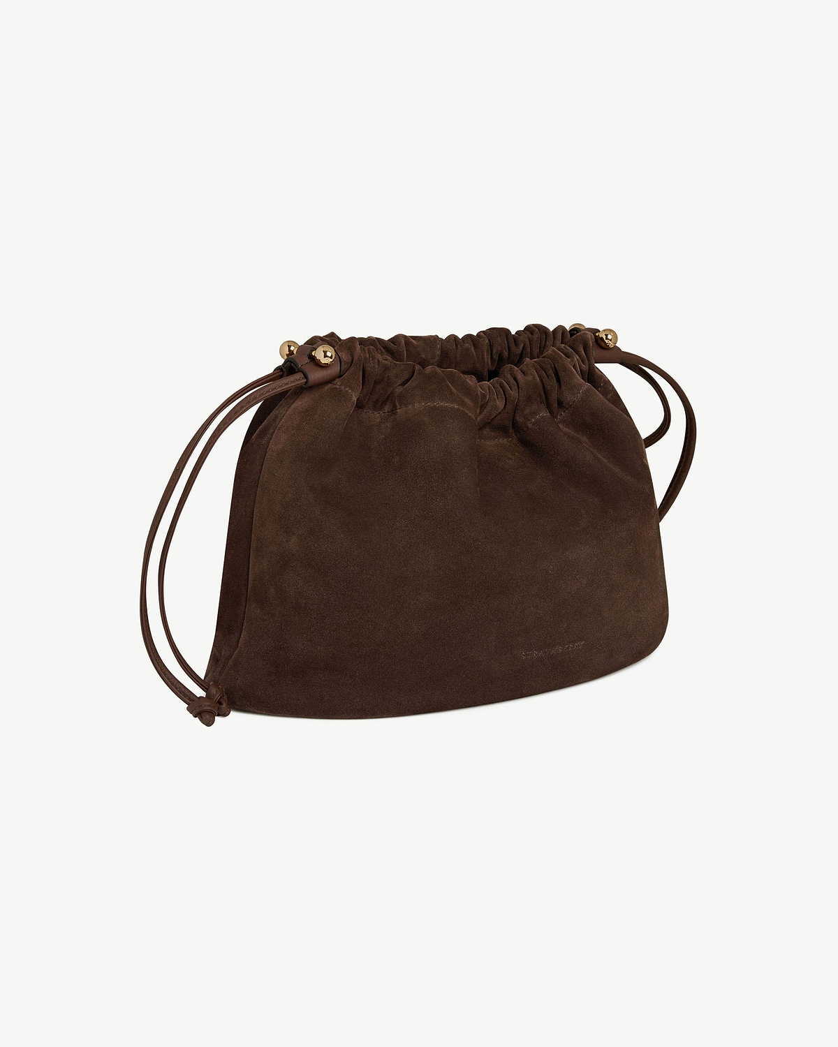 Chocolate suede Charlotte midi drawstring bag with leather cords and gold fastenings.