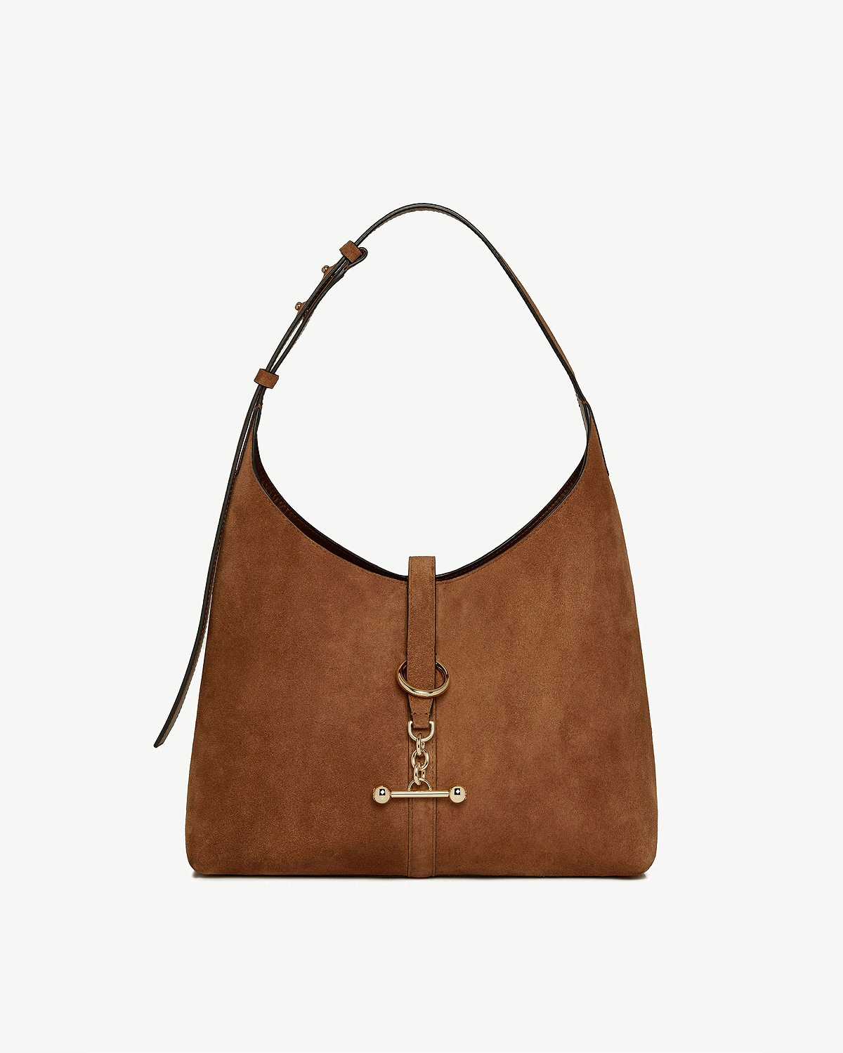 Tan suede hobo bag with single shoulder strap and gold ring and chain detailing.