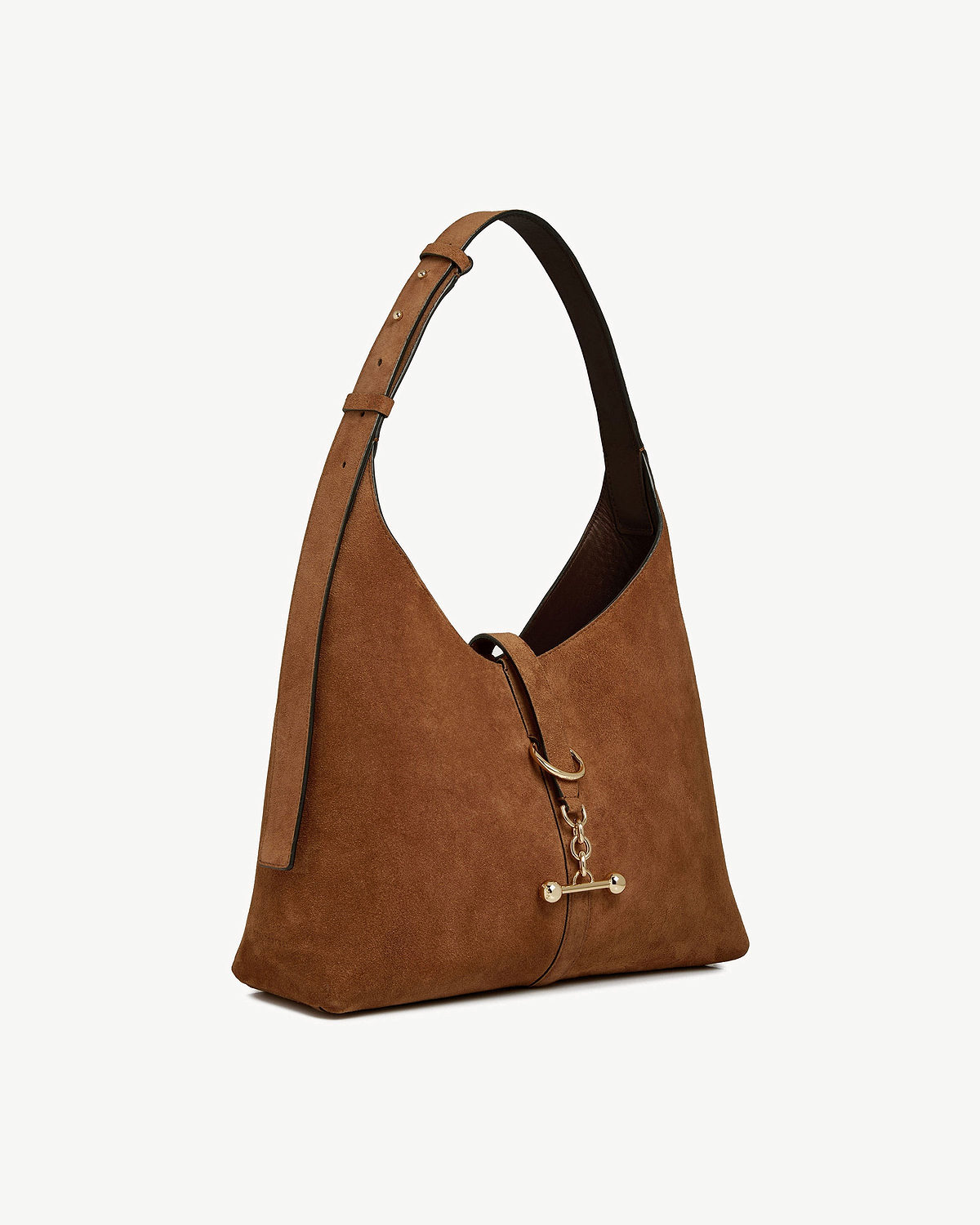 Tan suede hobo bag with adjustable shoulder strap and gold chain toggle.