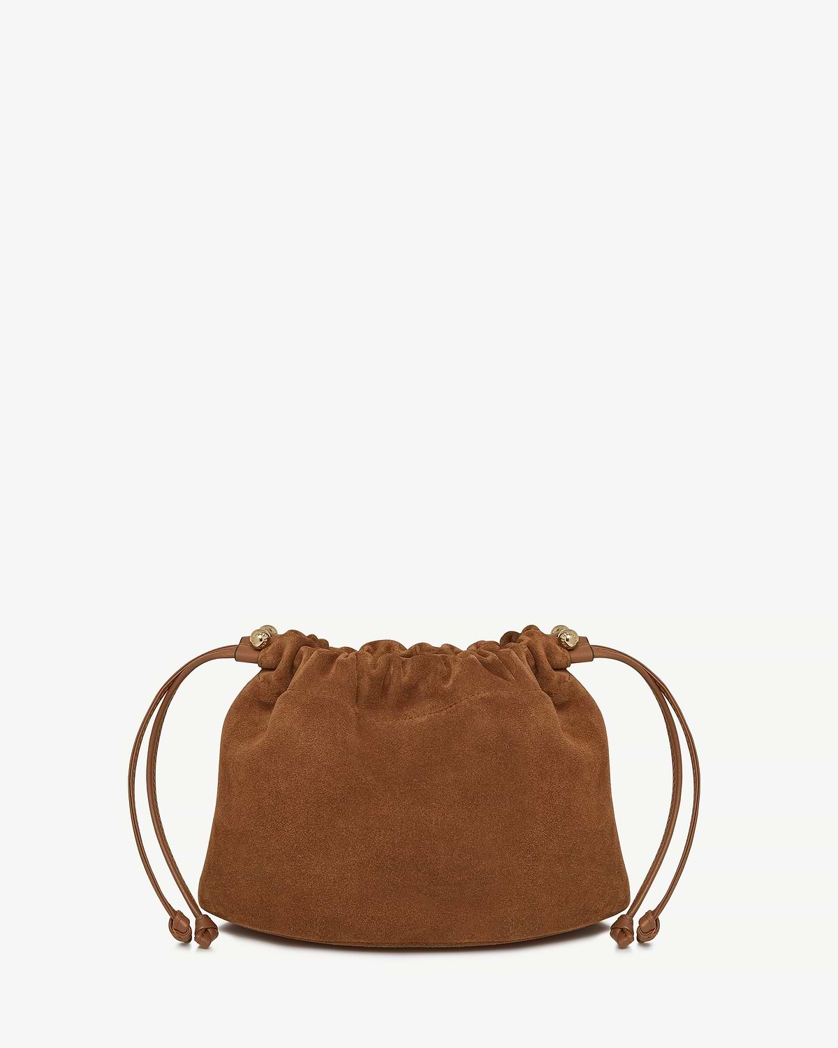 Tan suede drawstring bag with leather cords and gold-tone bead ends.
