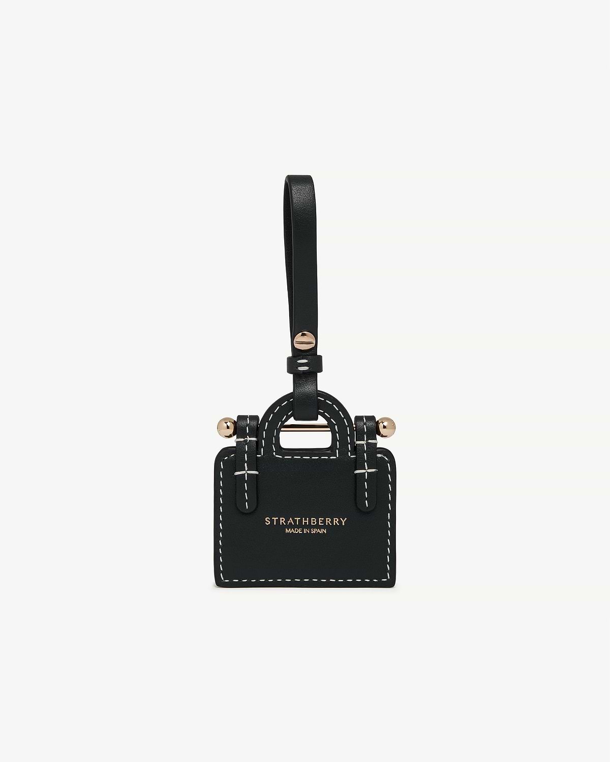 Black leather tote charm with strap, gold hardware and STRATHBERRY logo