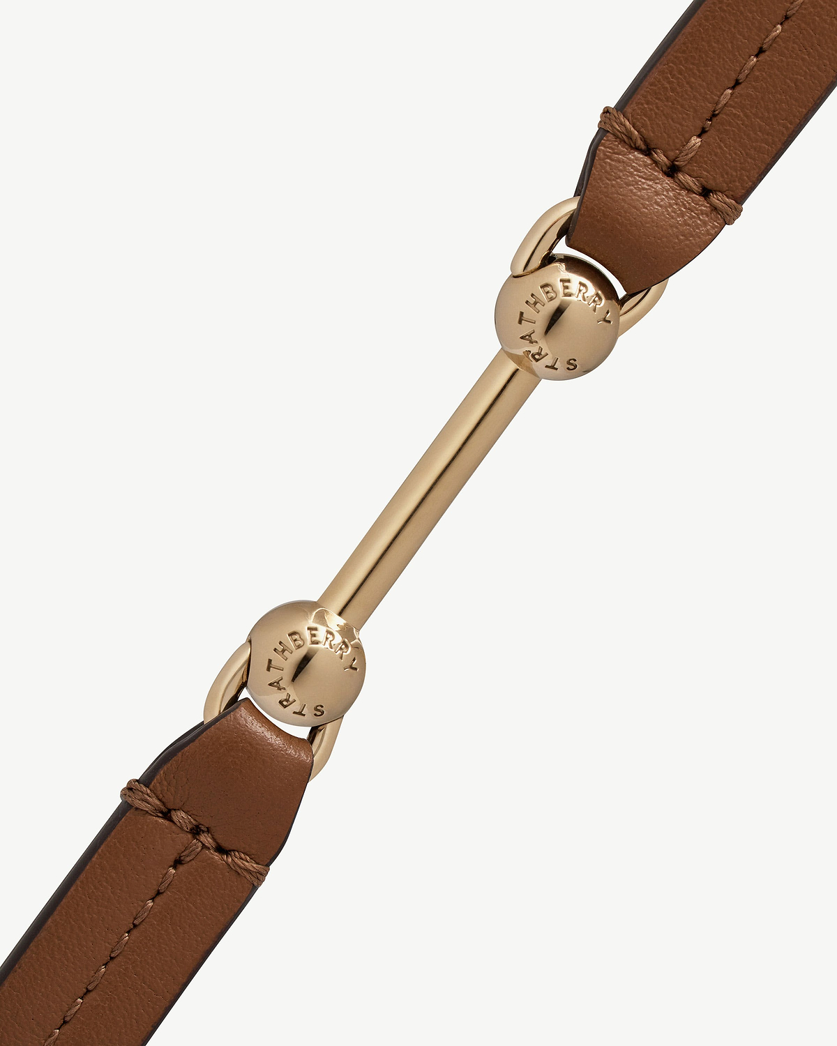 Hazelnut leather double-wrap bracelet strap with gold Strathberry engraved bar.