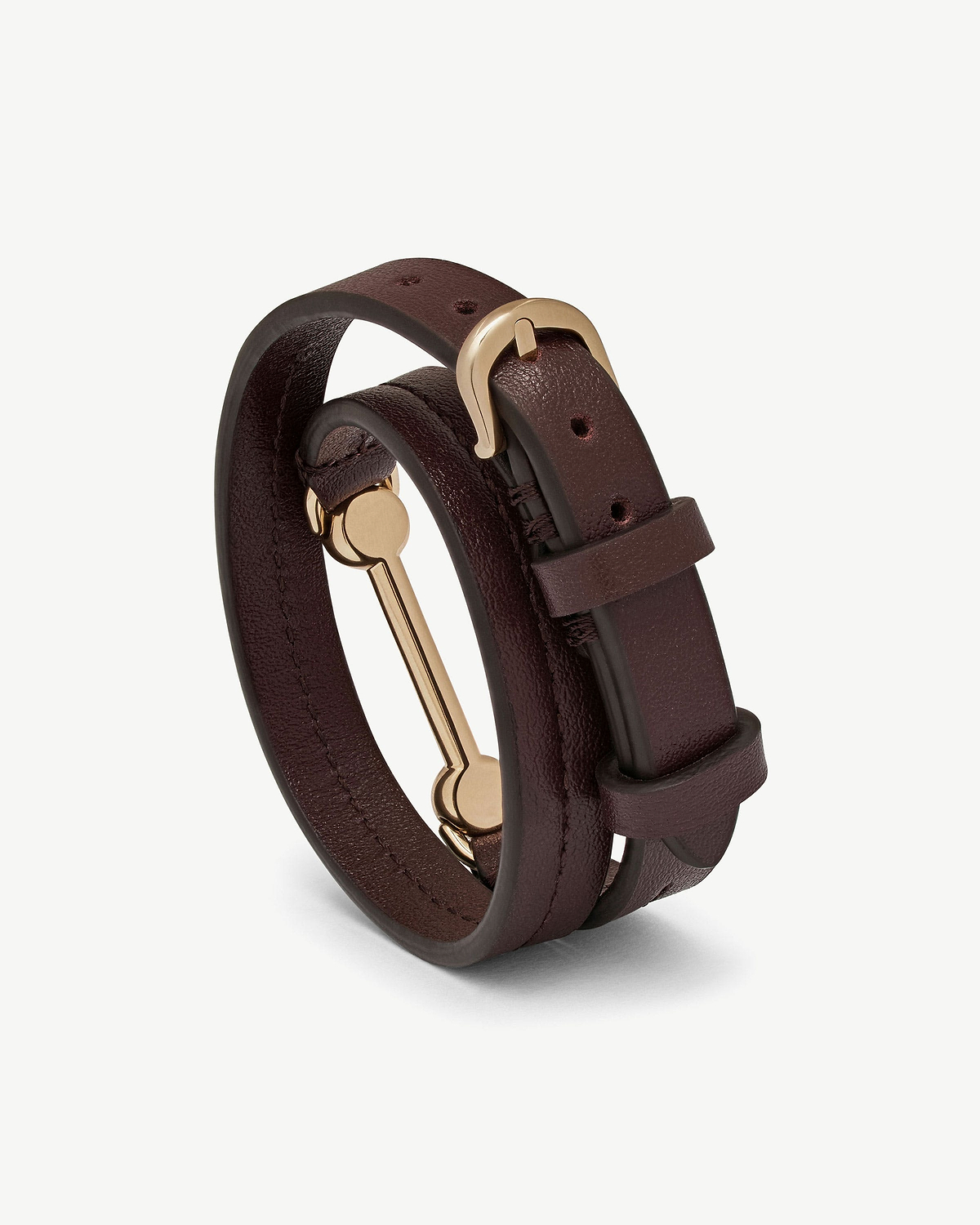 Burgundy double-wrap leather bracelet with gold buckle and bar hardware