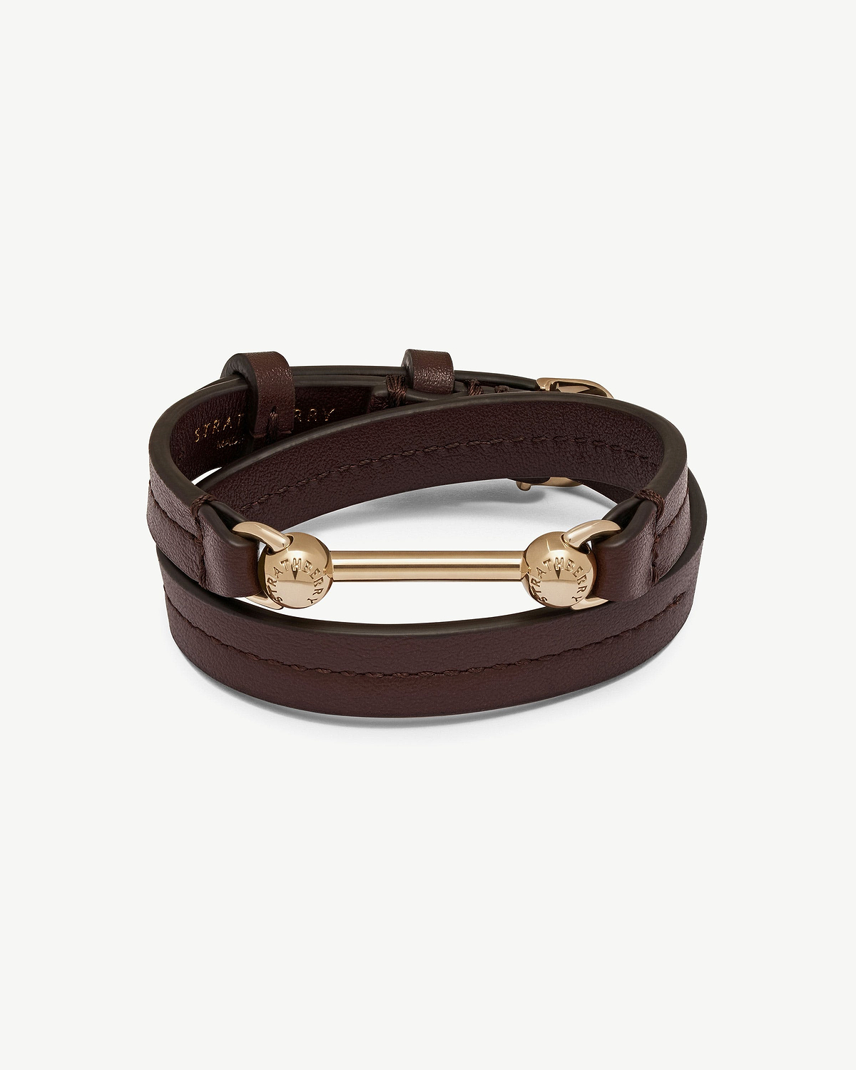 Burgundy leather double-wrap bracelet with gold Strathberry bar and round engraved ends.