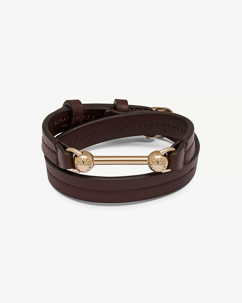 Burgundy leather double-wrap bracelet with gold Strathberry bar and round engraved ends.