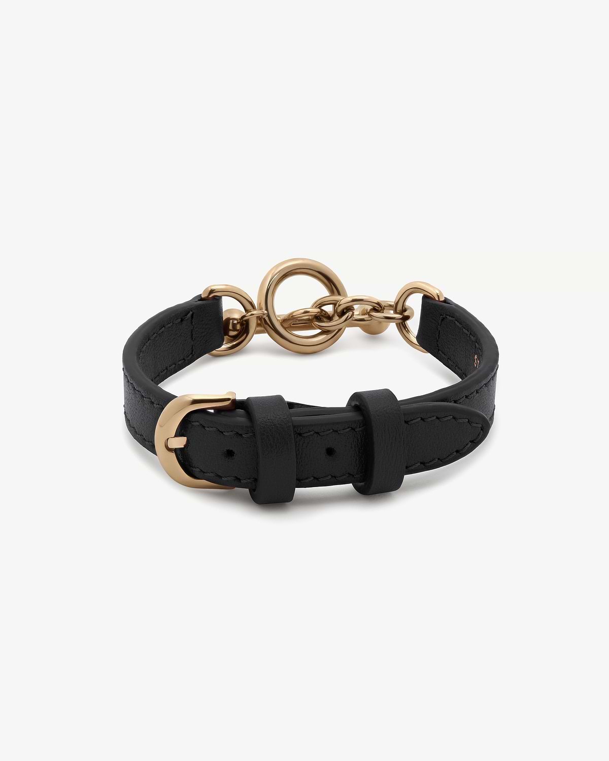 Black leather bracelet with gold-tone circular toggle and buckle clasp.