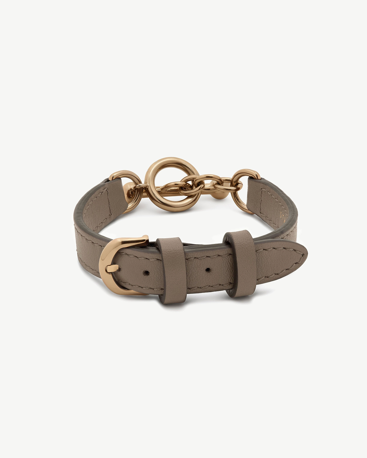 Taupe leather bracelet with gold-tone buckle and circular toggle clasp