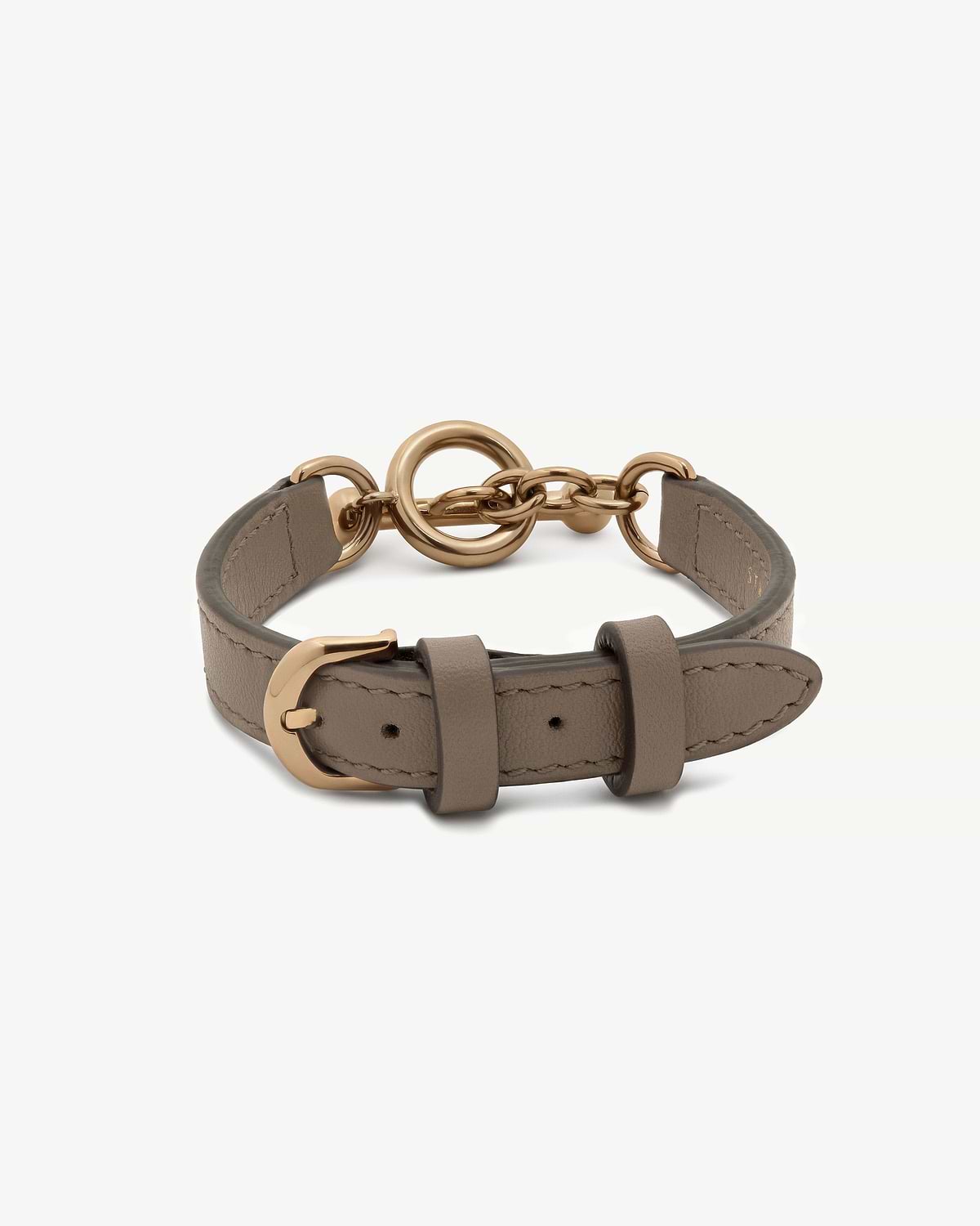 Taupe leather bracelet with gold-tone buckle and circular toggle clasp