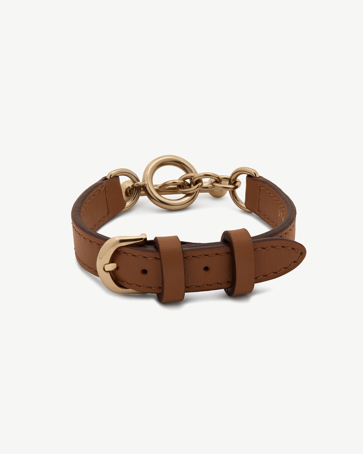 Tan leather bracelet with gold-tone buckle, chain links and twin circular rings.