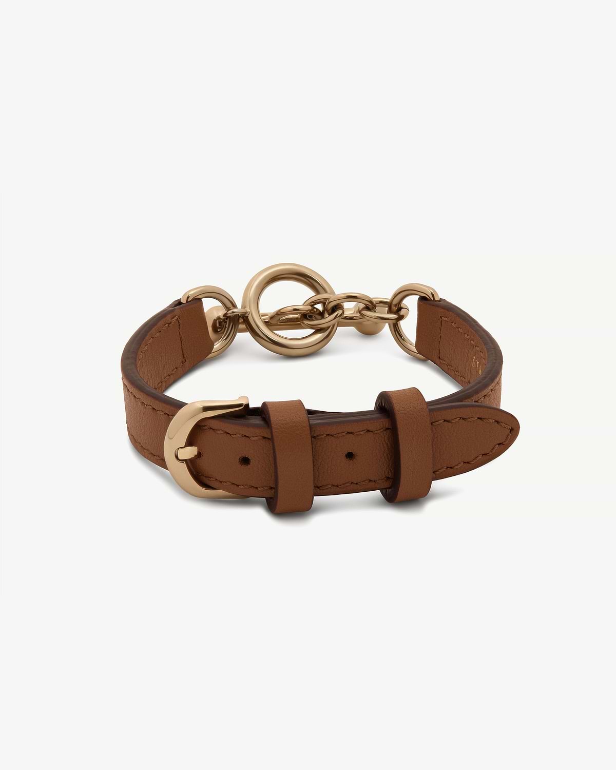 Tan leather bracelet with gold-tone buckle, chain links and twin circular rings.