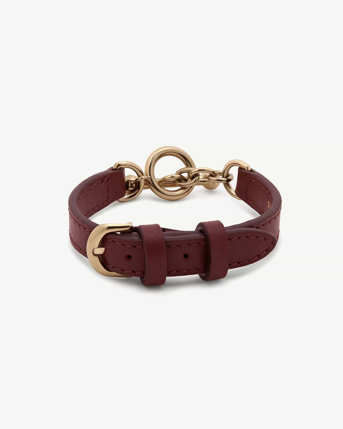 Oxblood leather kite bracelet with gold-tone buckle and chain clasp.