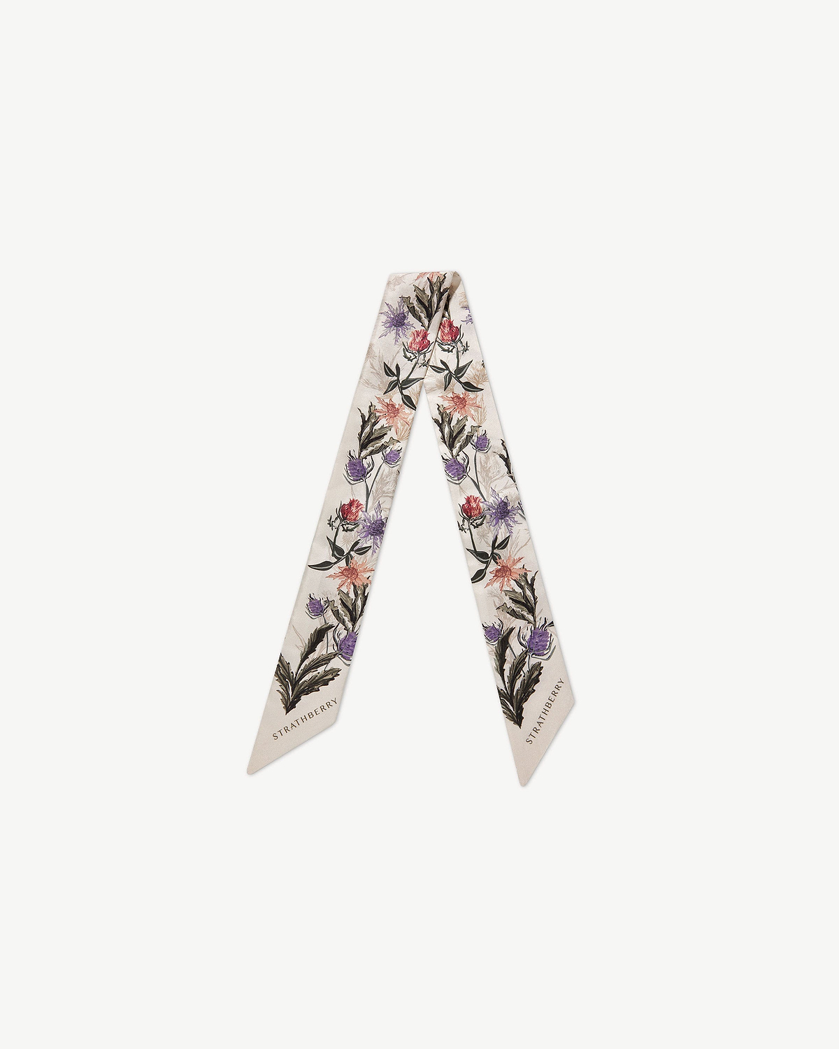 Strathberry silk skinny scarf in vanilla with forest green thistle print