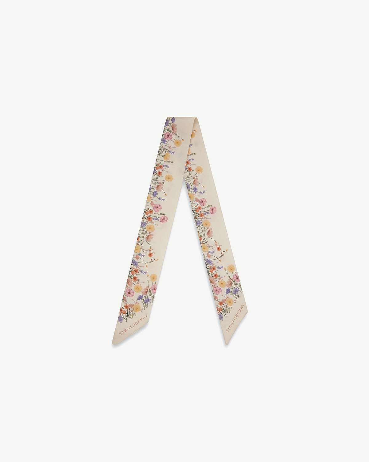 Vanilla silk skinny scarf with floral print and Strathberry logo at ends