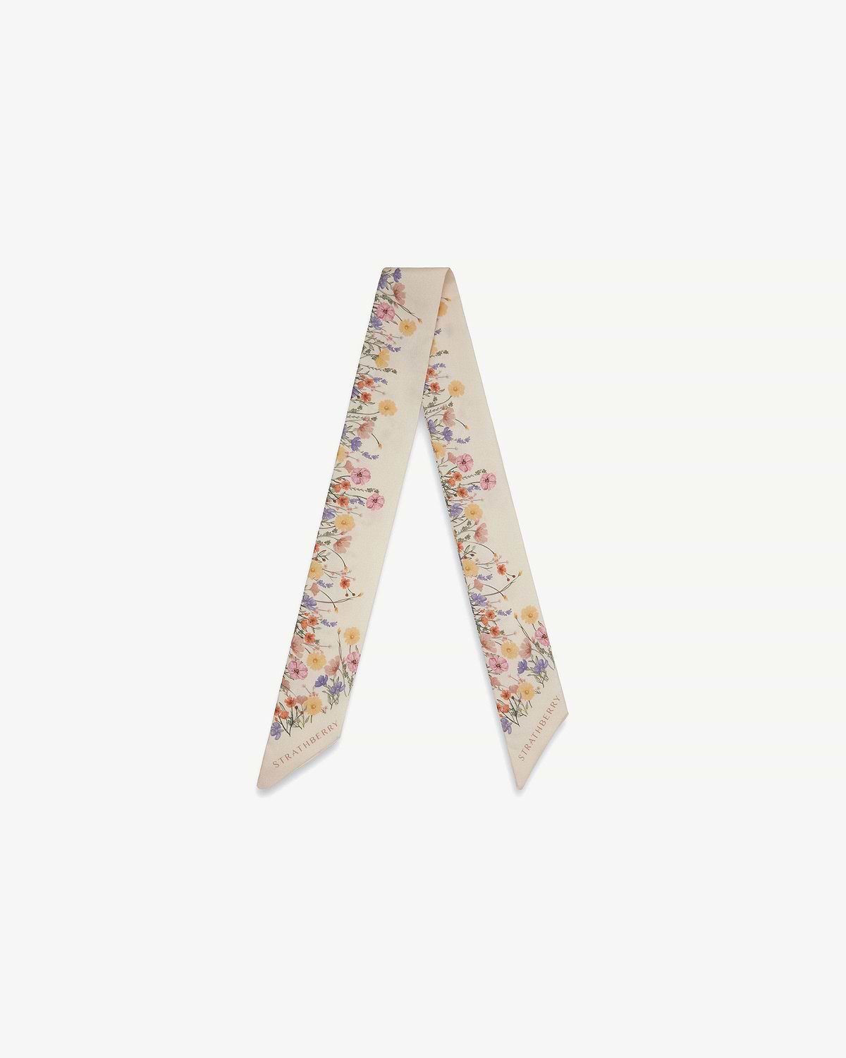 Vanilla silk skinny scarf with floral print and Strathberry logo at ends