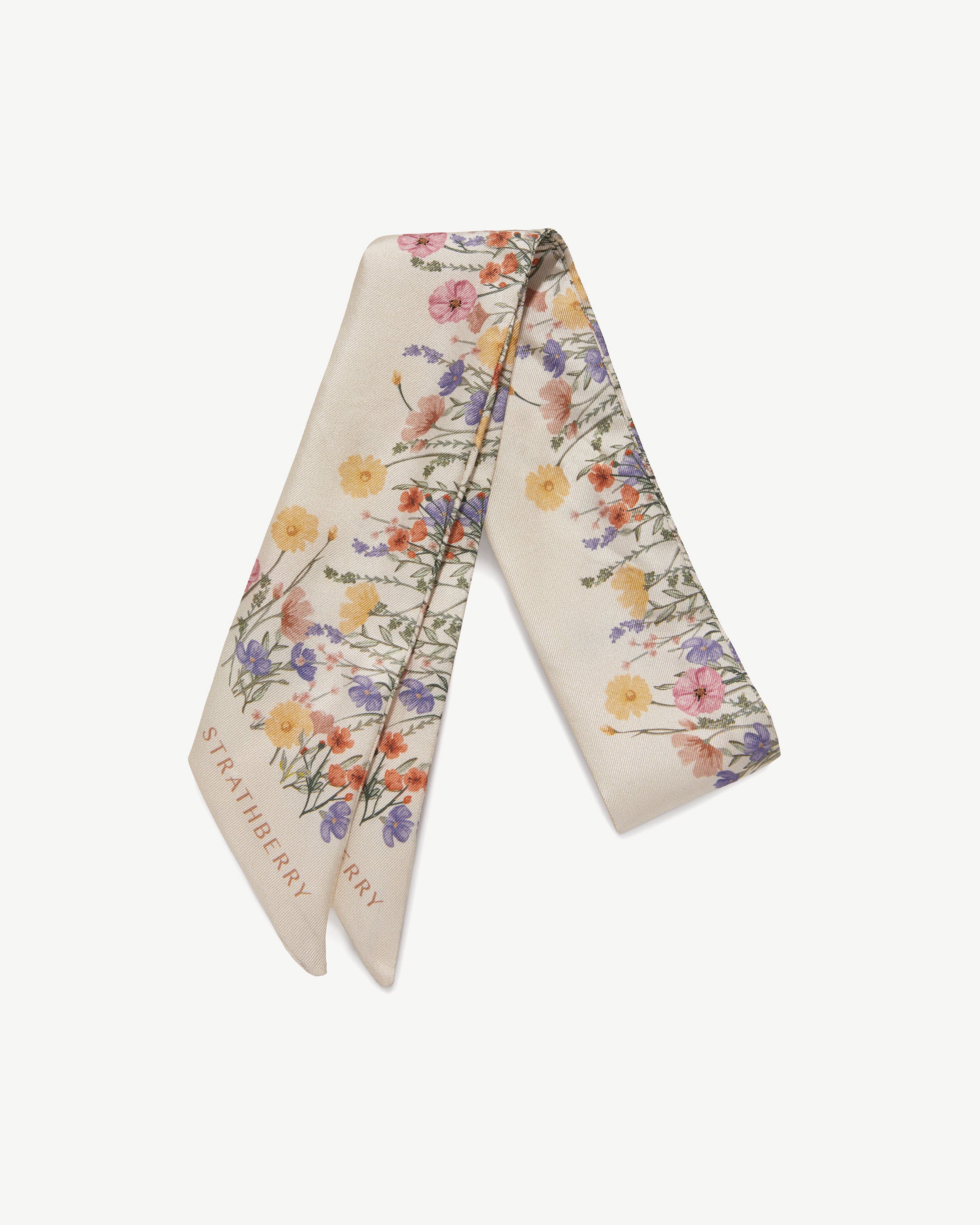 Strathberry silk skinny scarf in vanilla with multicoloured floral print.