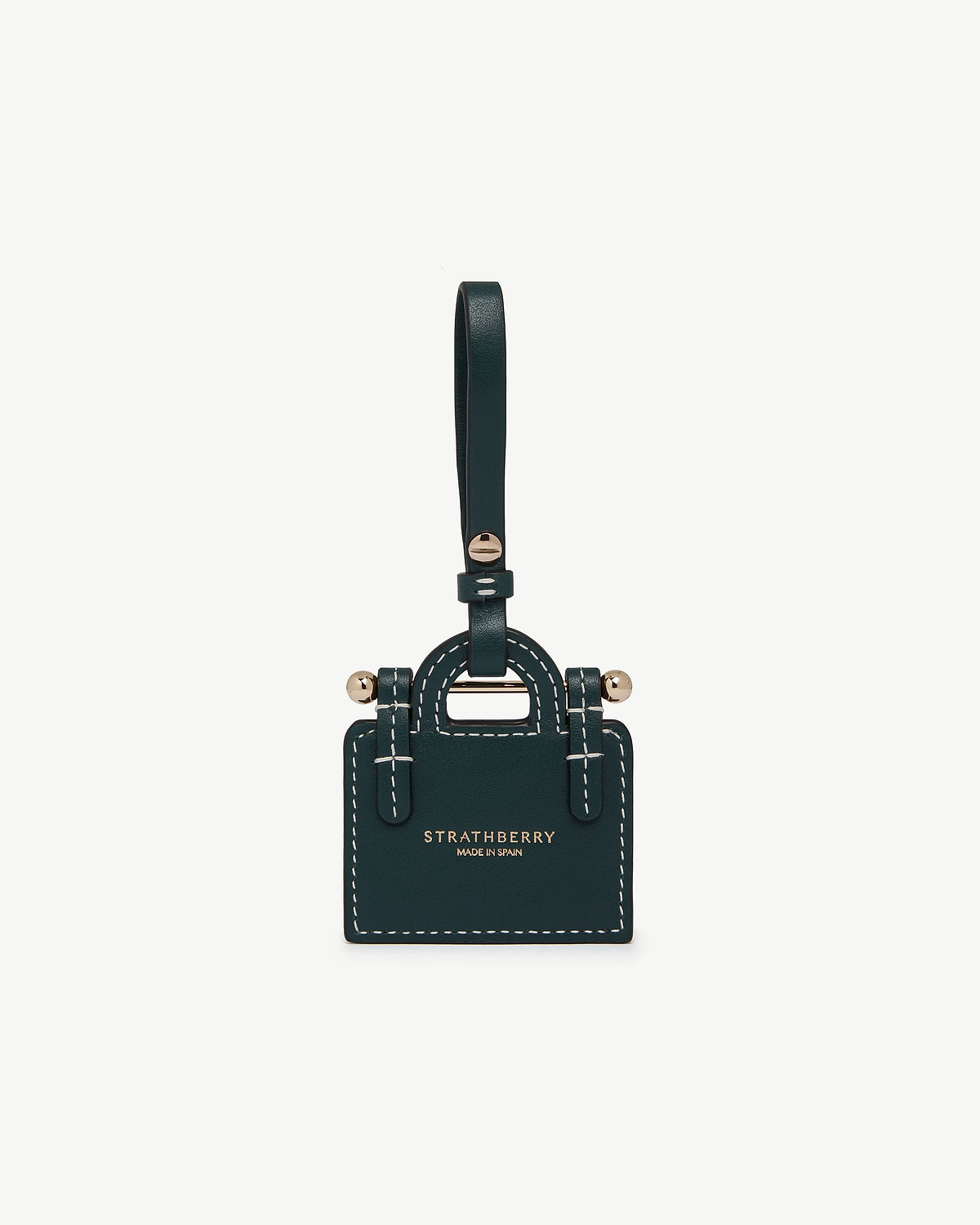 Bottle green leather tote charm with gold hardware and Strathberry logo