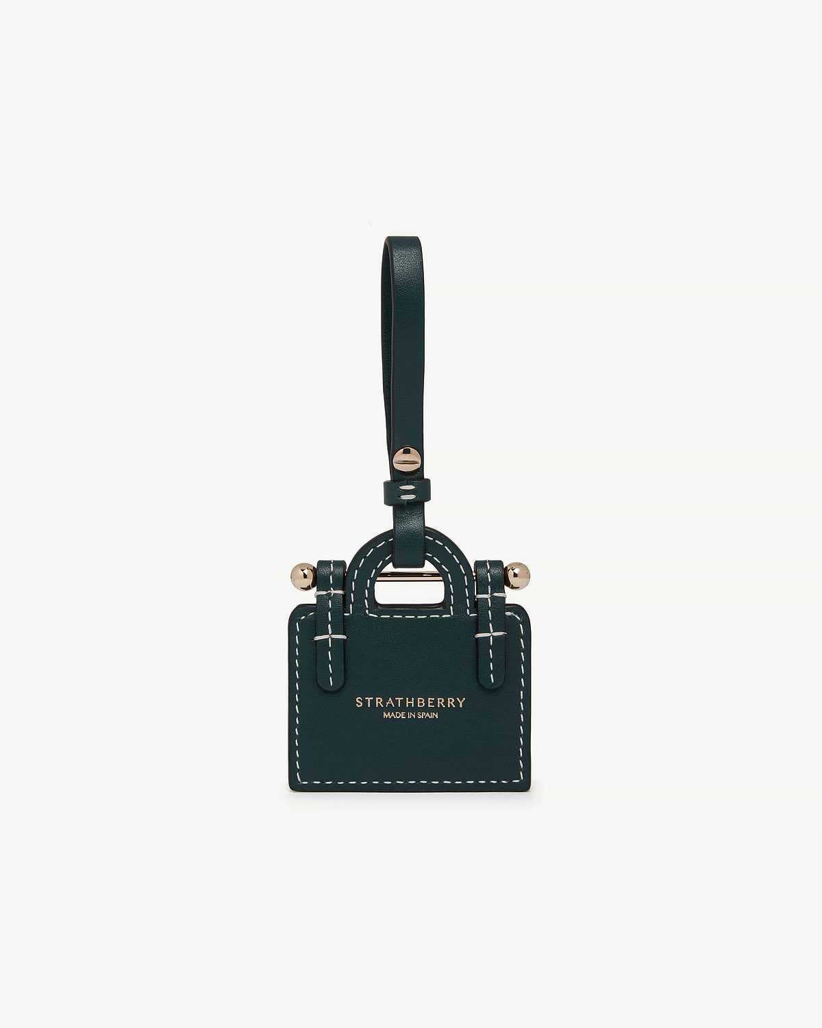 Bottle green leather tote charm with gold hardware and Strathberry logo