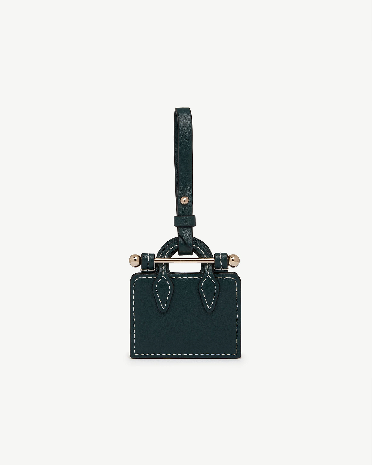Bottle green leather tote charm with gold bar, ball fittings and white stitching