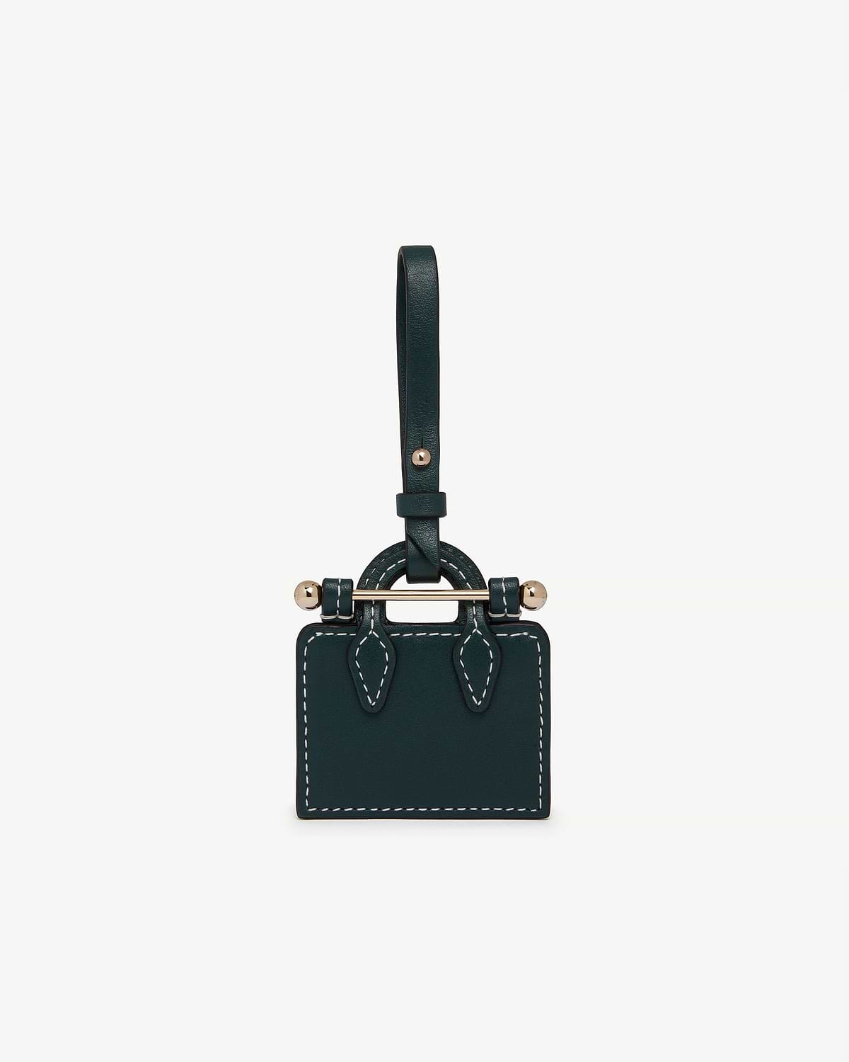 Bottle green leather tote charm with gold bar, ball fittings and white stitching