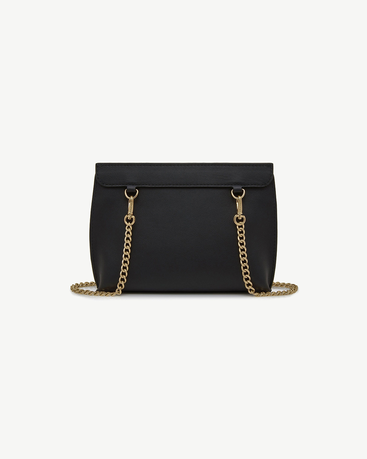 Black Stylist Mini bag with gold chain shoulder strap, front view.