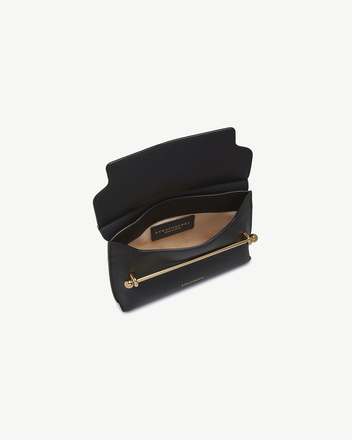 Black Strathberry Stylist Mini bag open showing interior and gold bar fastening