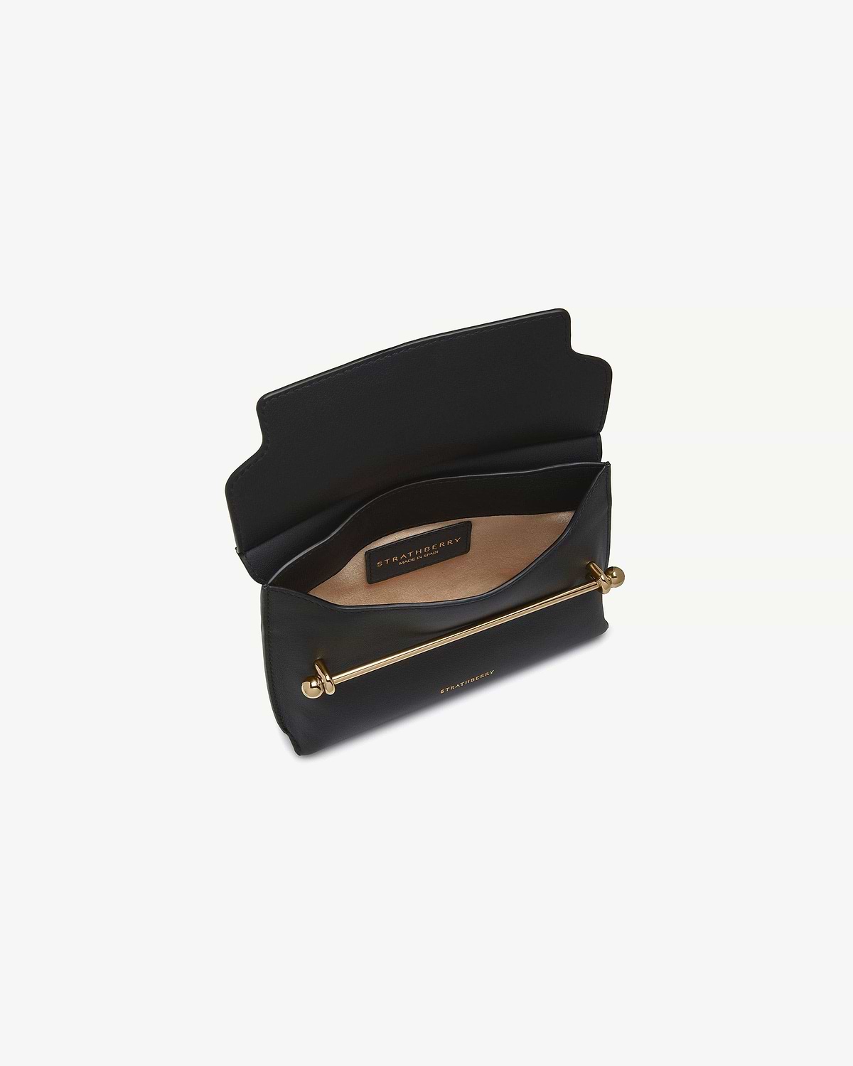 Black Strathberry Stylist Mini bag open showing interior and gold bar fastening