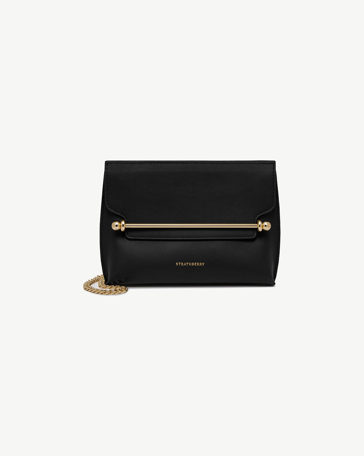 Black leather bag with gold bar detail, chain strap and Strathberry logo.
