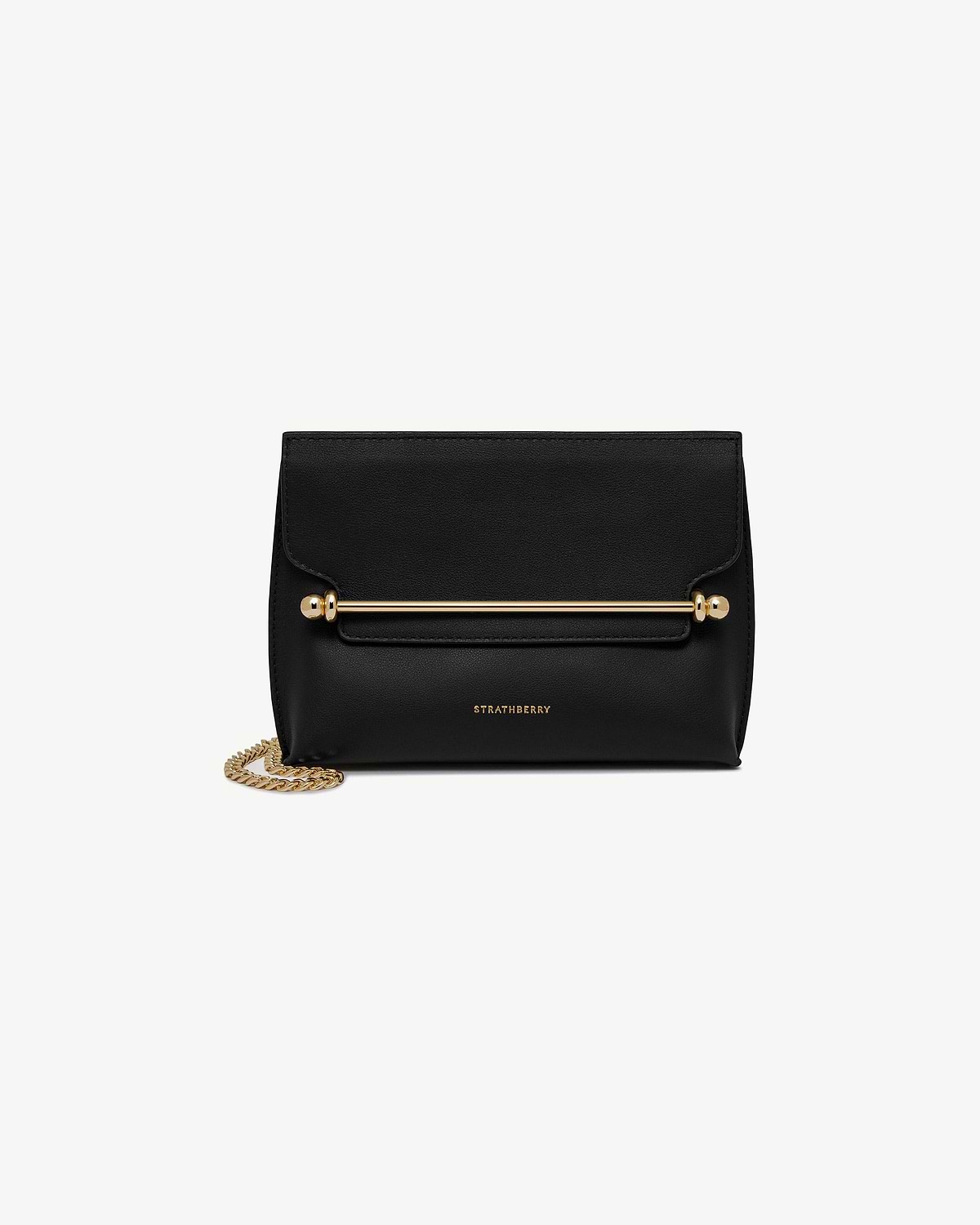 Black leather bag with gold bar detail, chain strap and Strathberry logo.