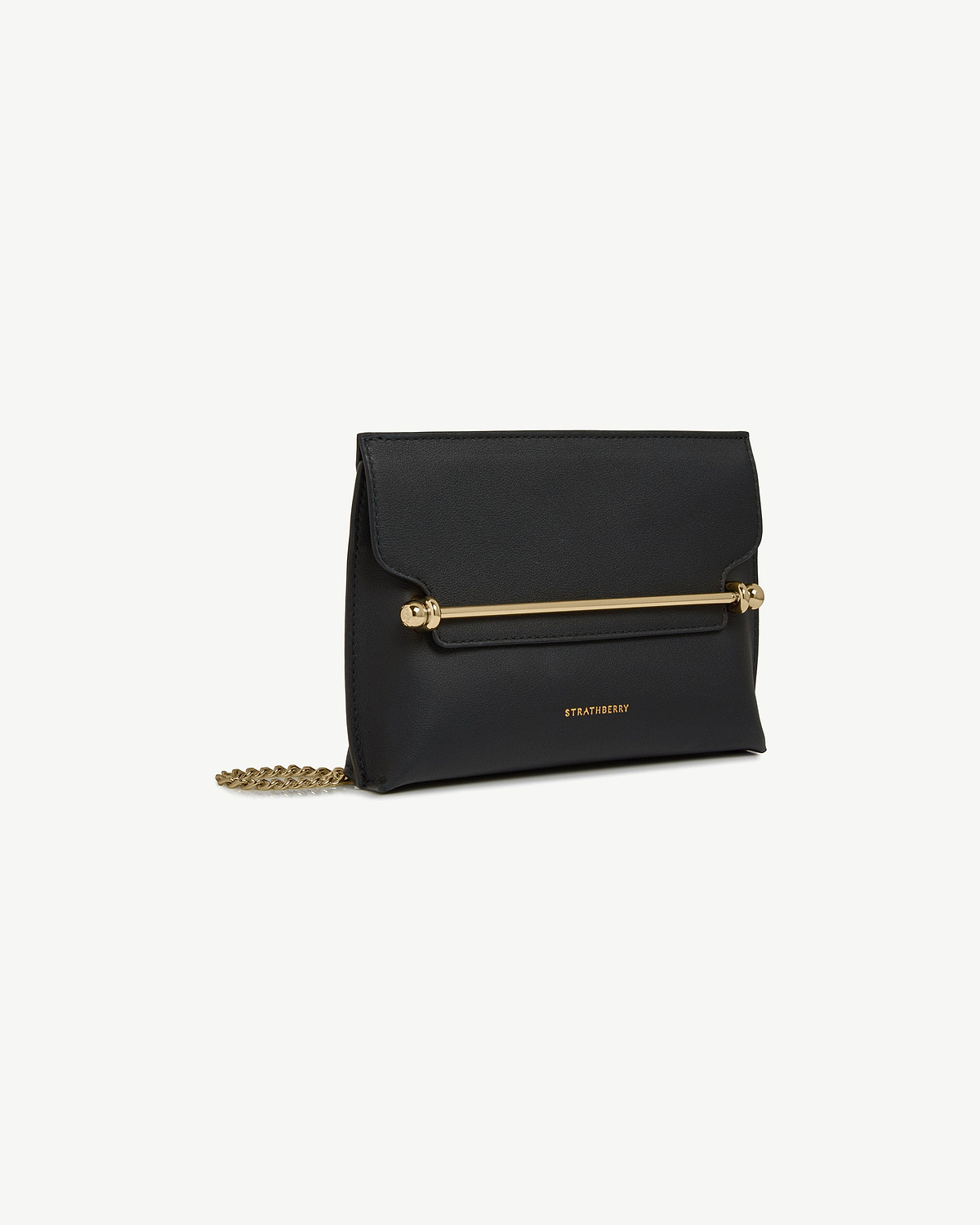 Black Stylist Mini bag with gold bar hardware and chain, Strathberry logo.