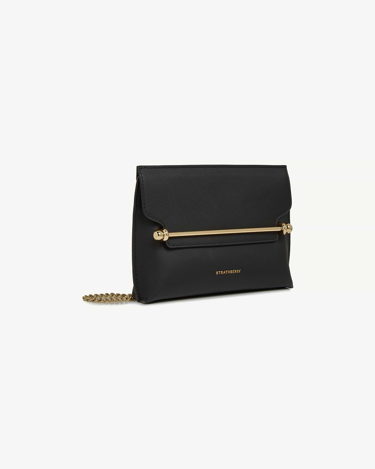 Black Stylist Mini bag with gold bar hardware and chain, Strathberry logo.