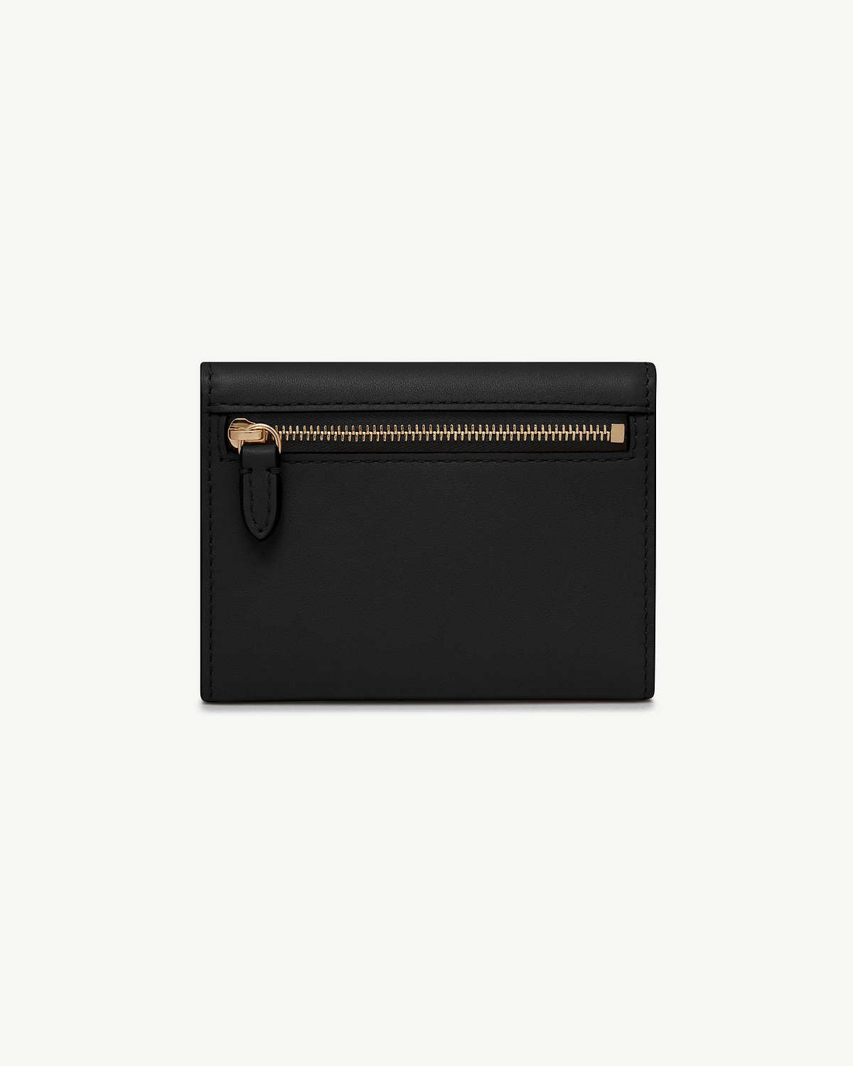 Black trifold wallet with front zip pocket and gold-tone zip pull.