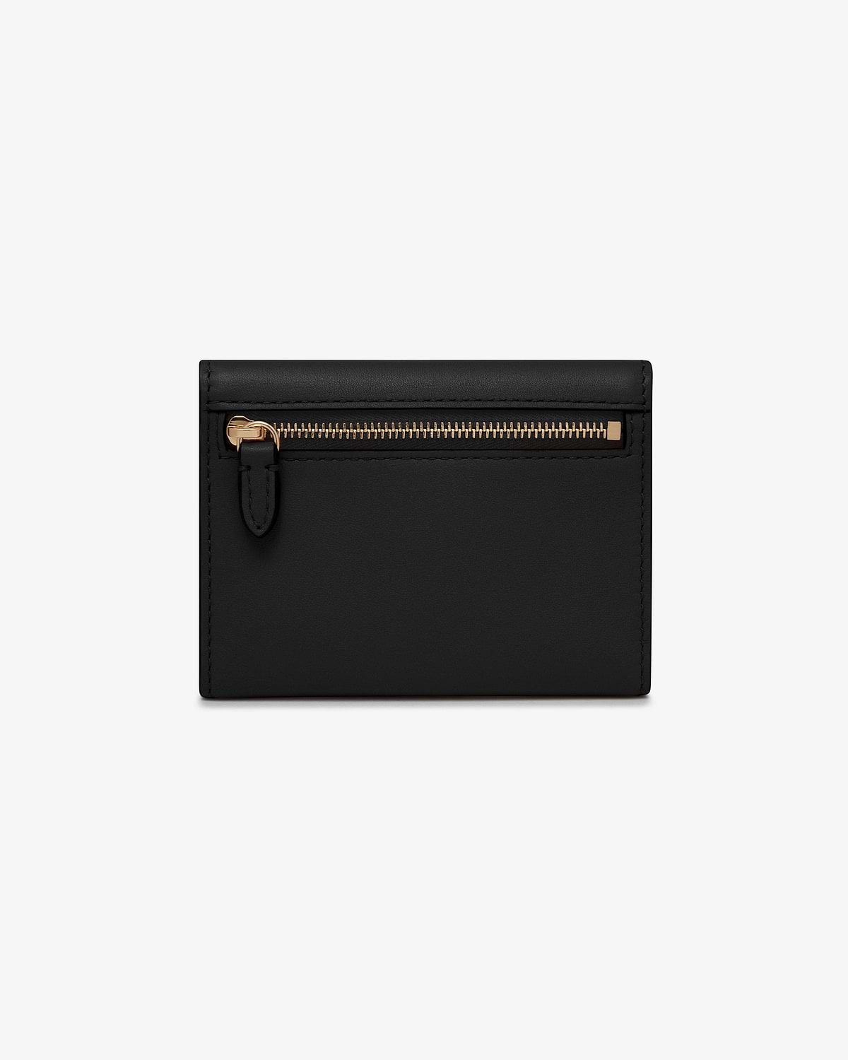 Black trifold wallet with front zip pocket and gold-tone zip pull.