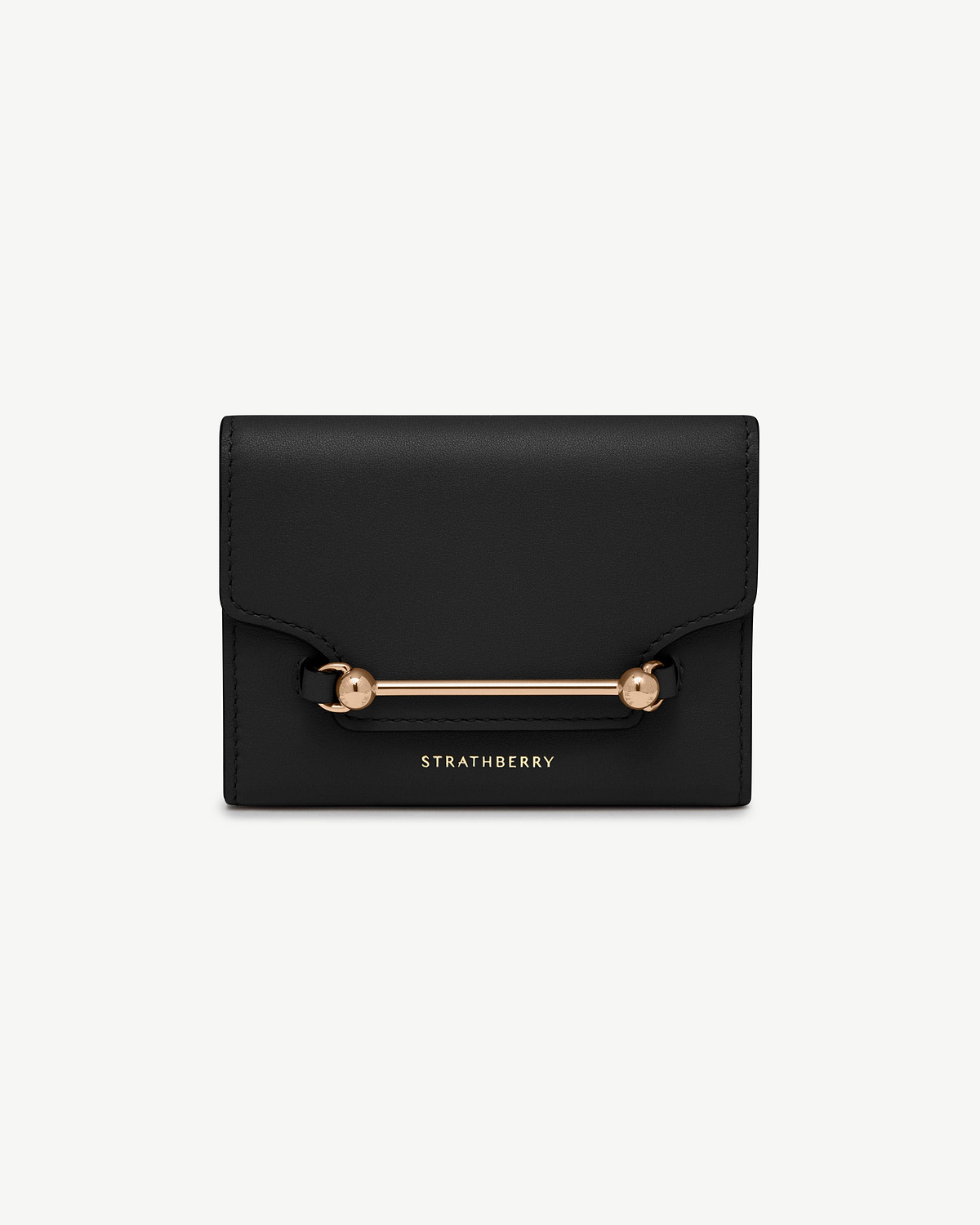 Black Strathberry Multrees trifold wallet with gold bar hardware and logo