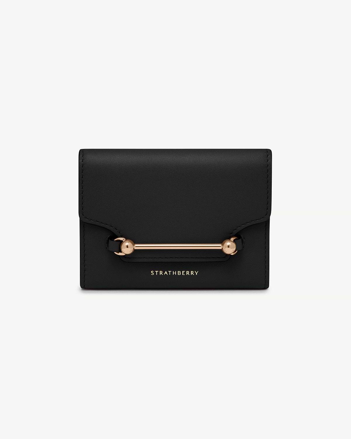 Black Strathberry Multrees trifold wallet with gold bar hardware and logo