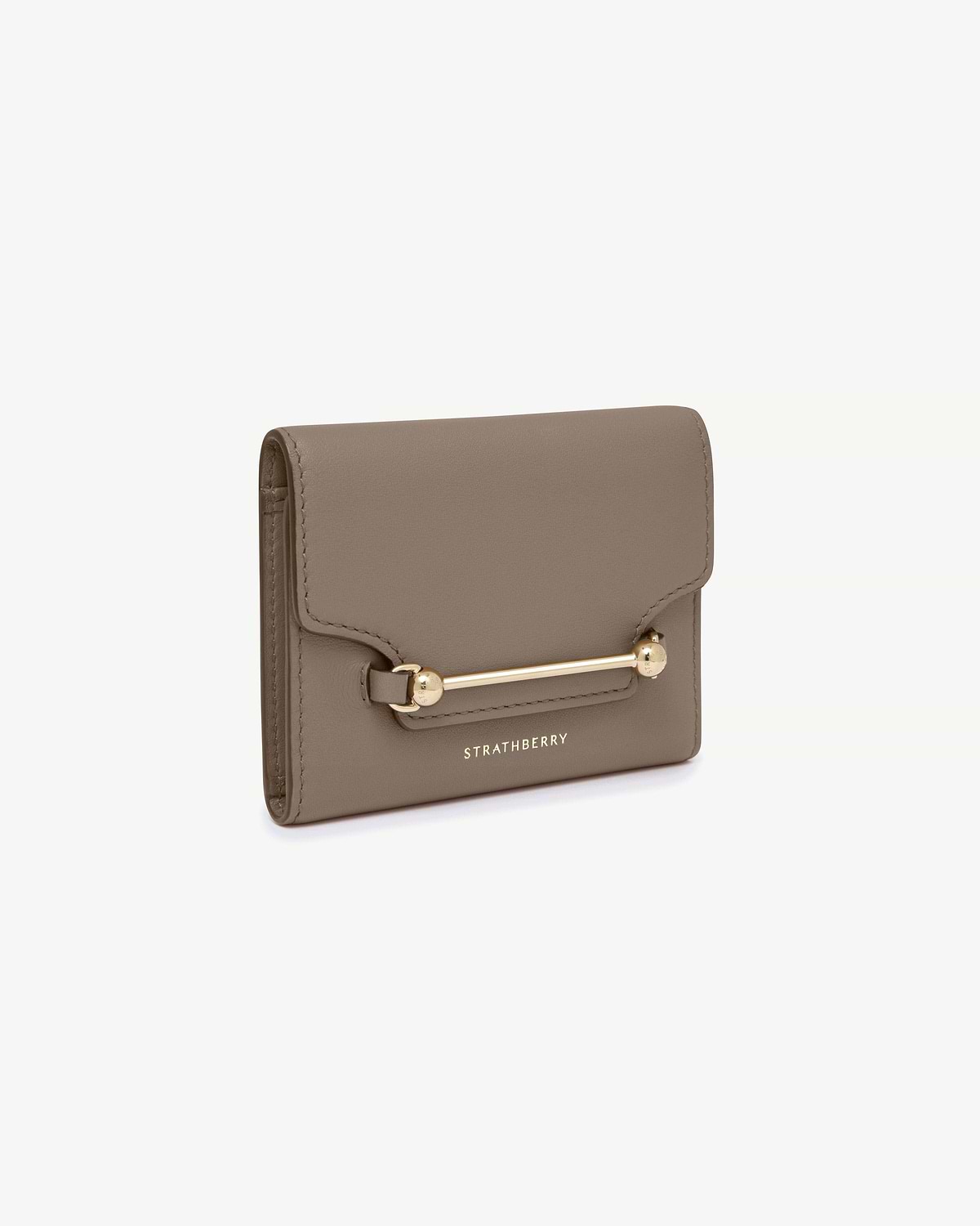 Taupe Multrees trifold wallet with gold bar hardware and Strathberry logo.