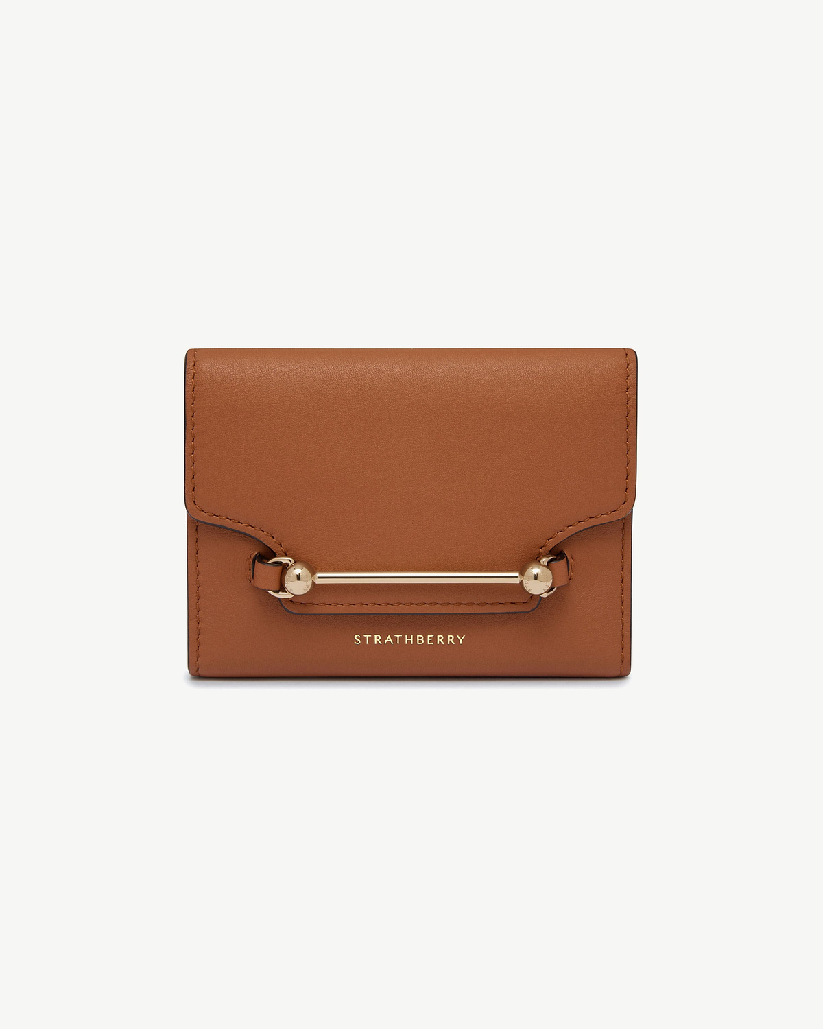 Chestnut leather trifold wallet with gold bar detail and Strathberry logo