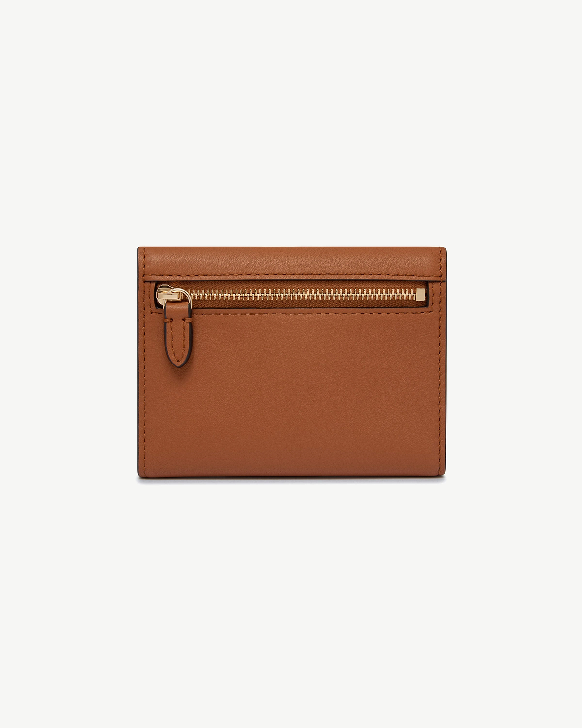 Chestnut trifold wallet with exterior zip pocket and leather pull tab
