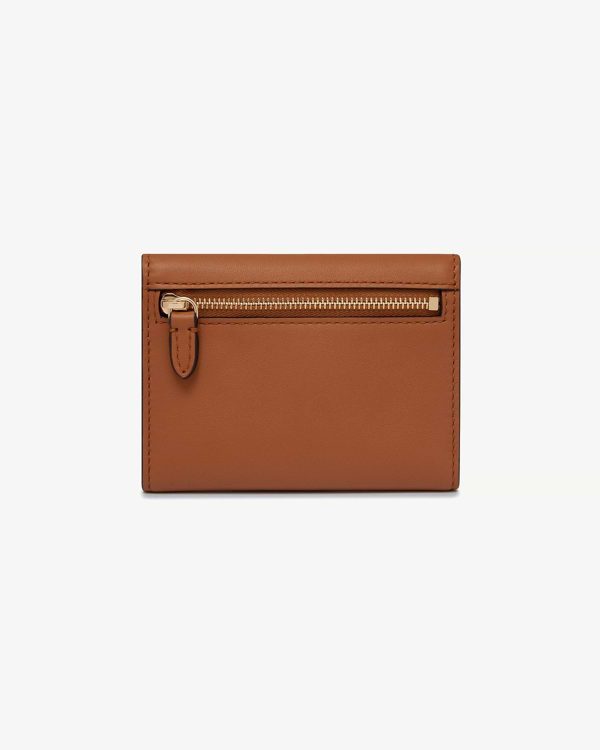 Chestnut trifold wallet with exterior zip pocket and leather pull tab
