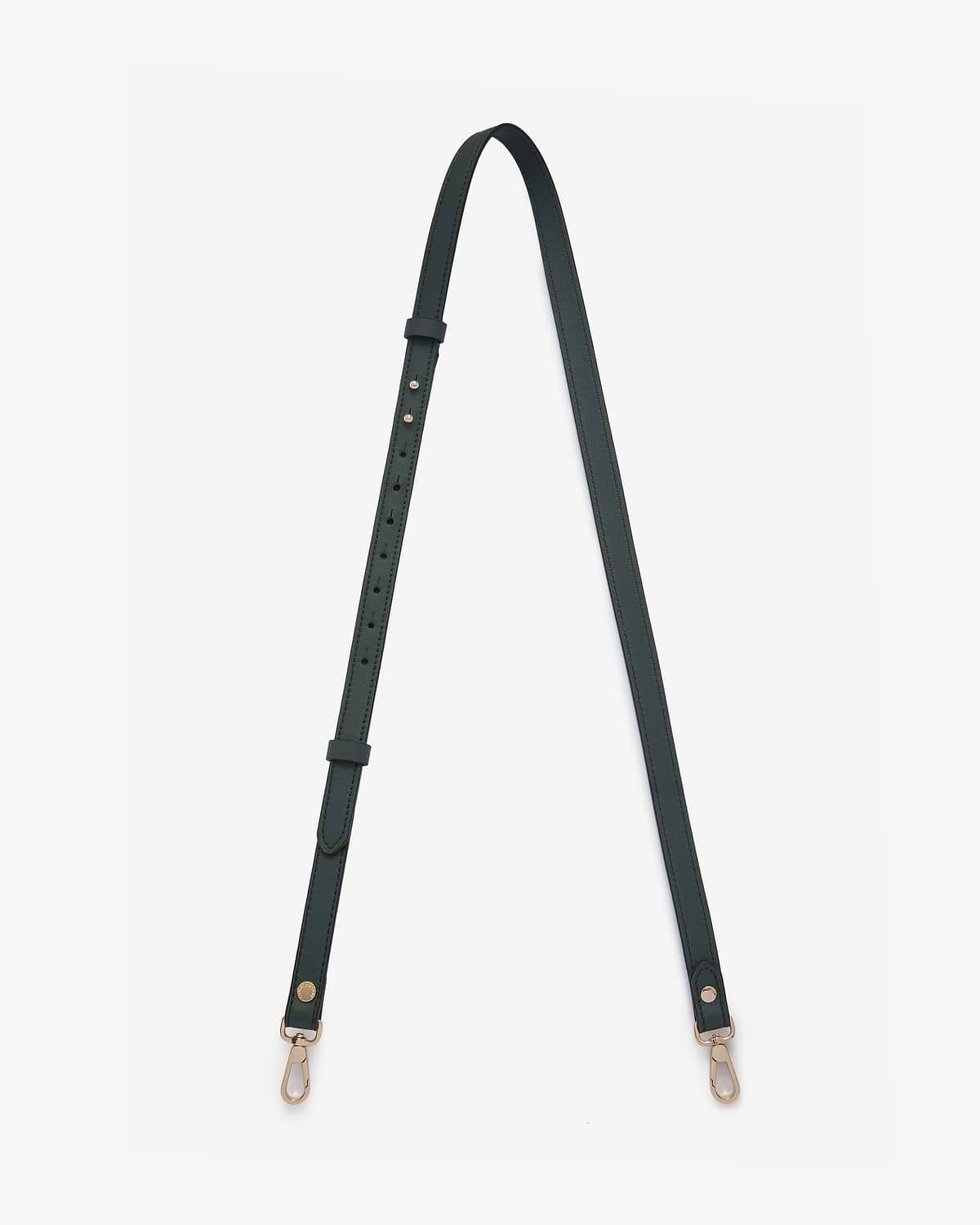 Bottle green thin adjustable leather strap with gold-tone swivel clips, laid flat.
